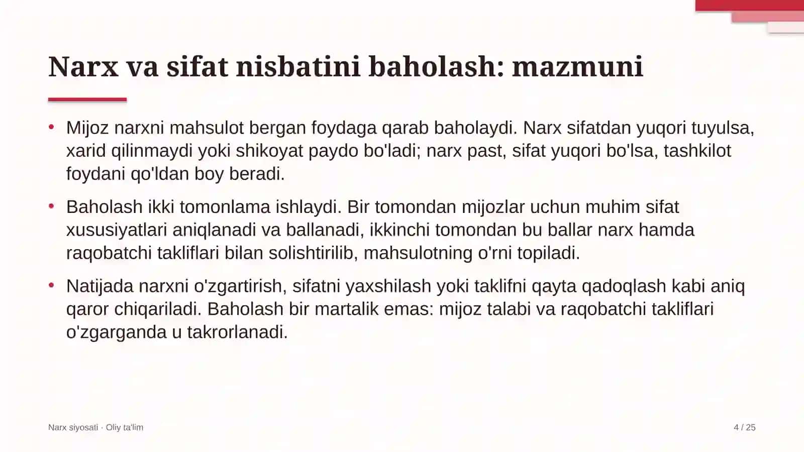 Narx siyosati · Oliy ta'lim 4