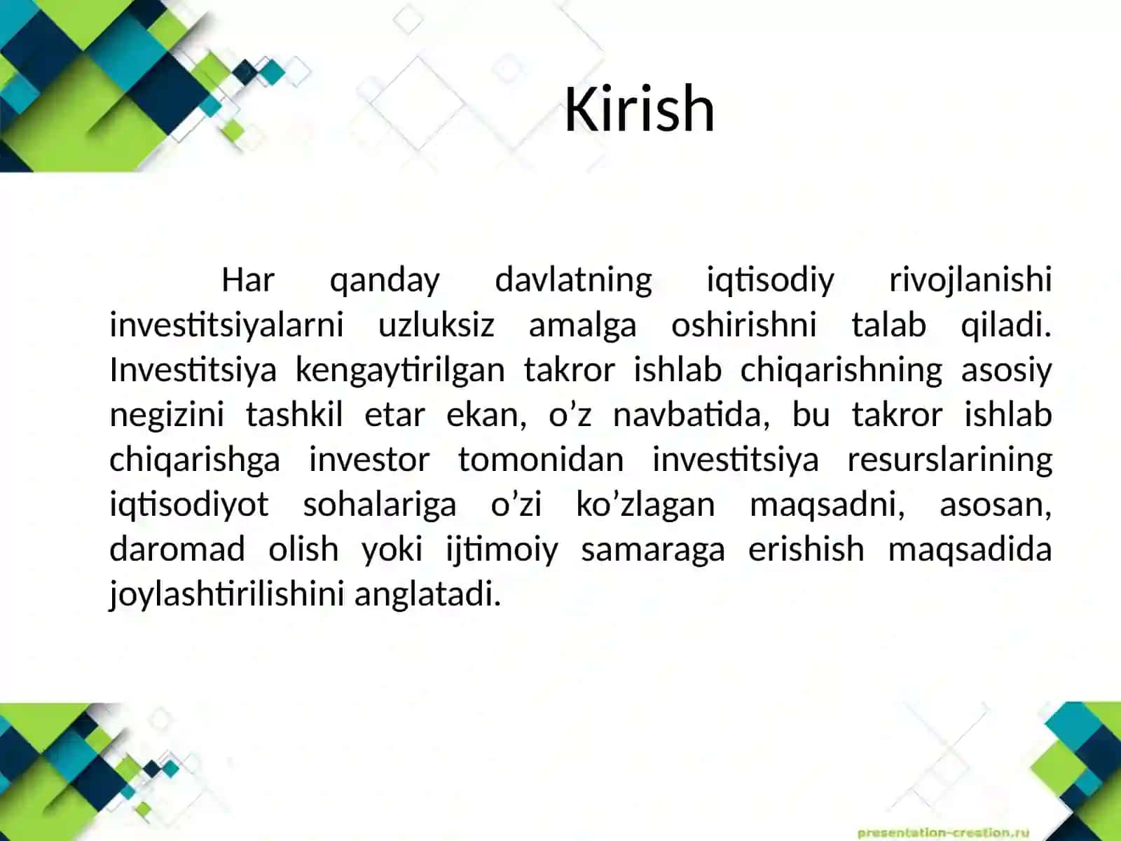 INVESTITSIYA LOYIHALARINI MOLIYALASHTIRISHNING MAZMUNI VA MOHIYATI 4