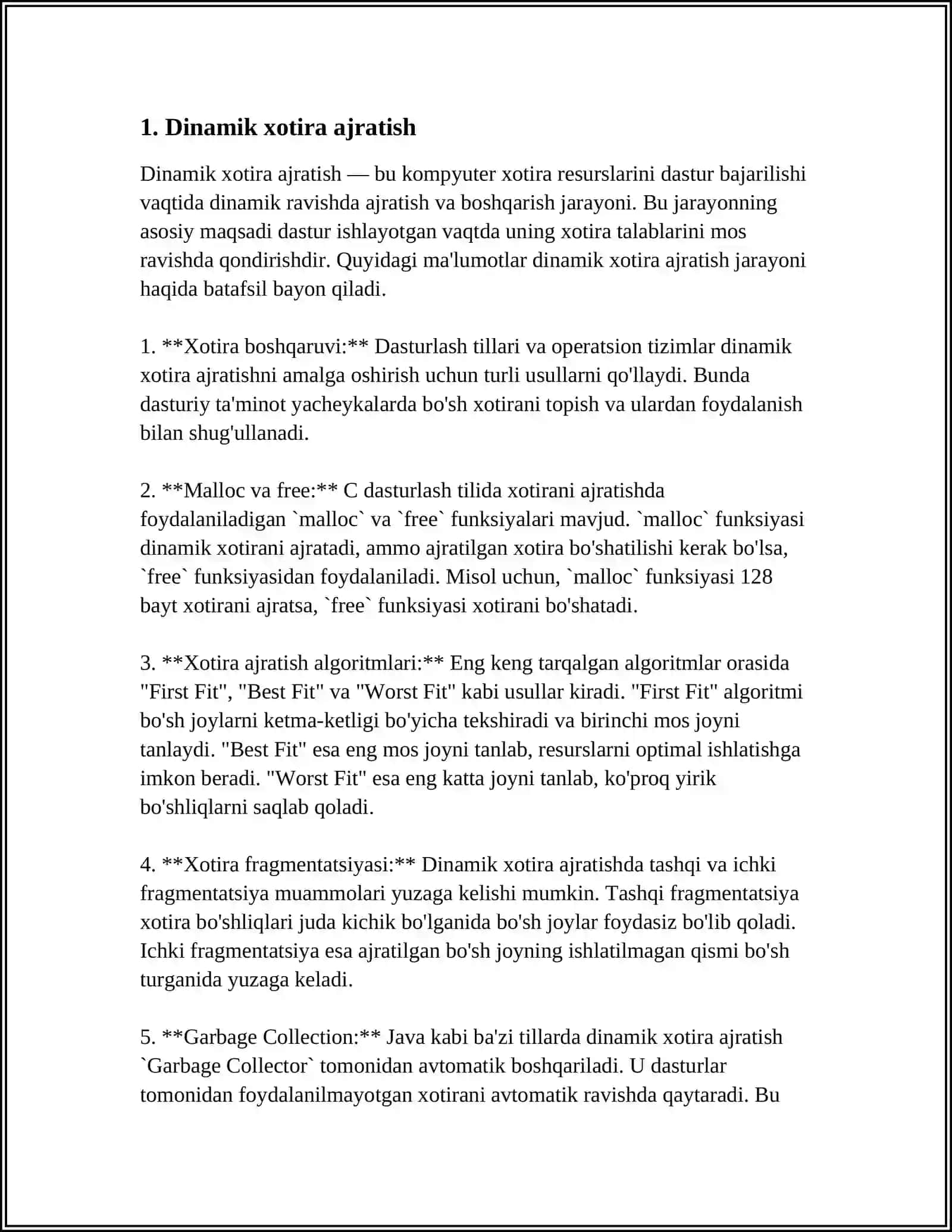 XOTIRA AJRATUVCHI FUNKSIYALAR BILAN ISHLASH (MALLOC(), CALLOC(), FREE() 4