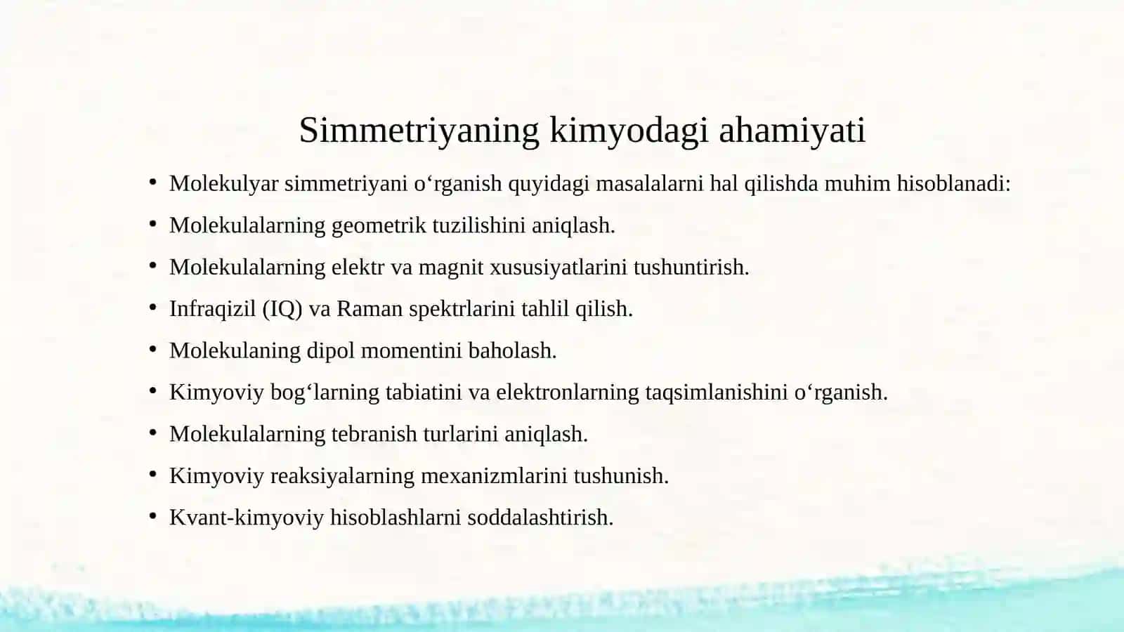 Molekulalarning simmetriyasi. Simmetriya elementlari va ularni modellarda topish 4