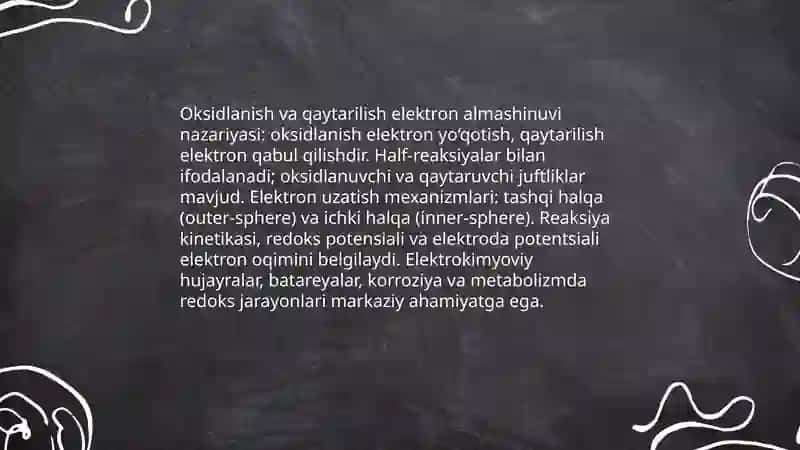 Oksidlanish-qaytarilish reaksiyalarining turlari va ahamiyati 4