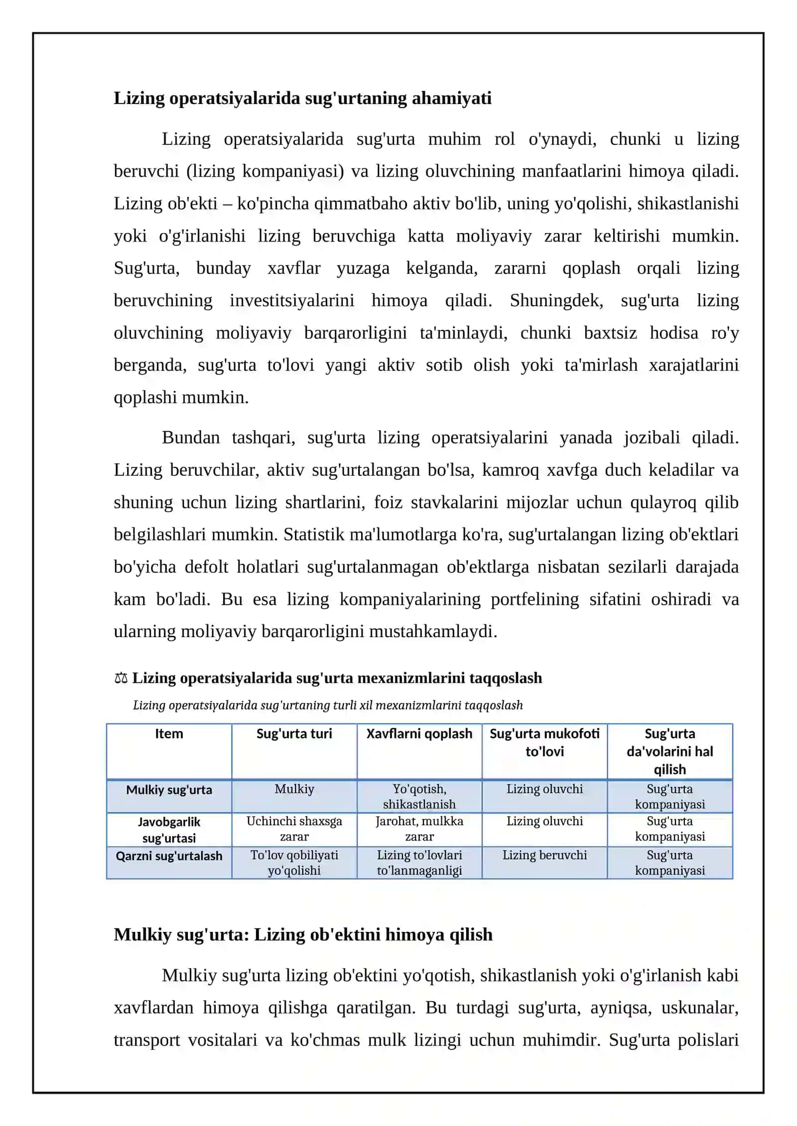 Lizing operatsiyalarida sug'urtaning zarurati va turlari 4