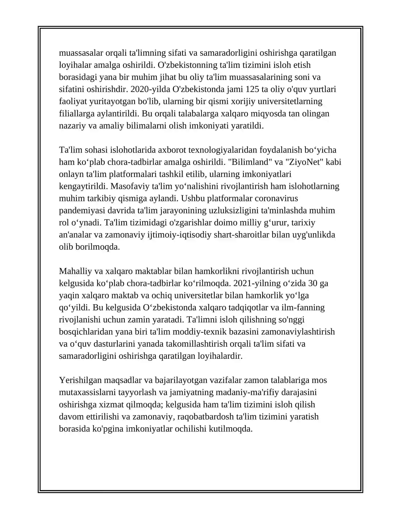 O'ZBEKISTON TA'LIM TIZIMIDA ISLOHOTLAR Refrat 4
