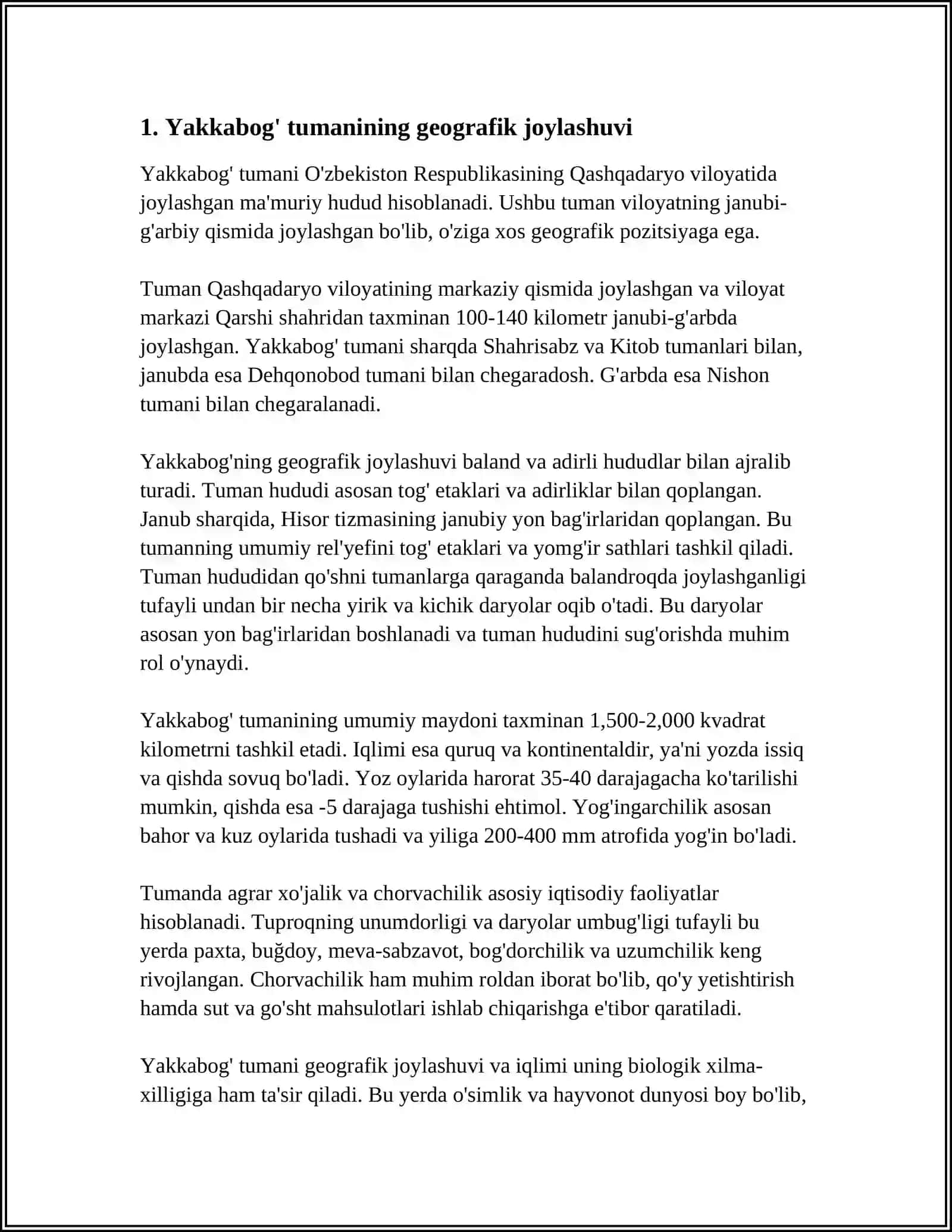 YAKKABOG' TUMANI TABIATI, IQTISODIY-IJTIMOIY KO'RSATKICHLARI 4