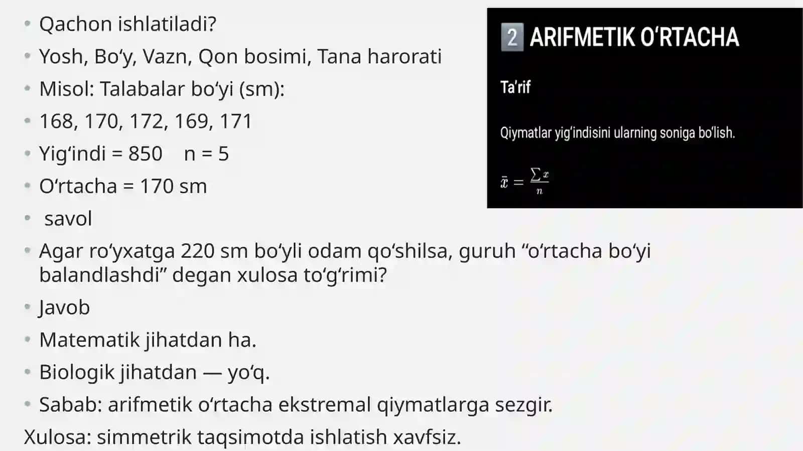 O'rtacha miqdorlar va ularni hisoblash bo'yicha masalalar yechish 4