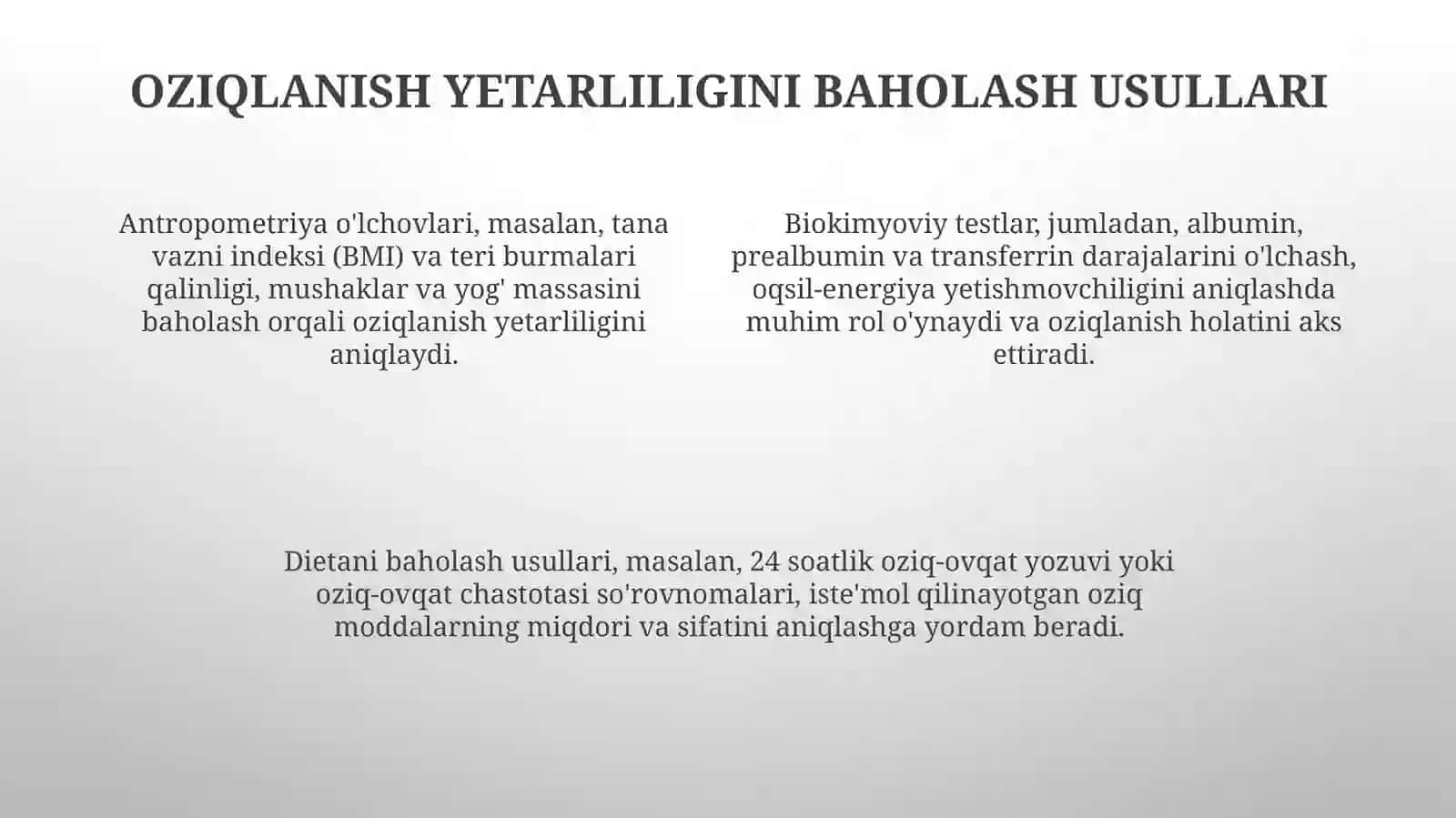 Oziqlanish adekvatini tekshirish va baholash 4
