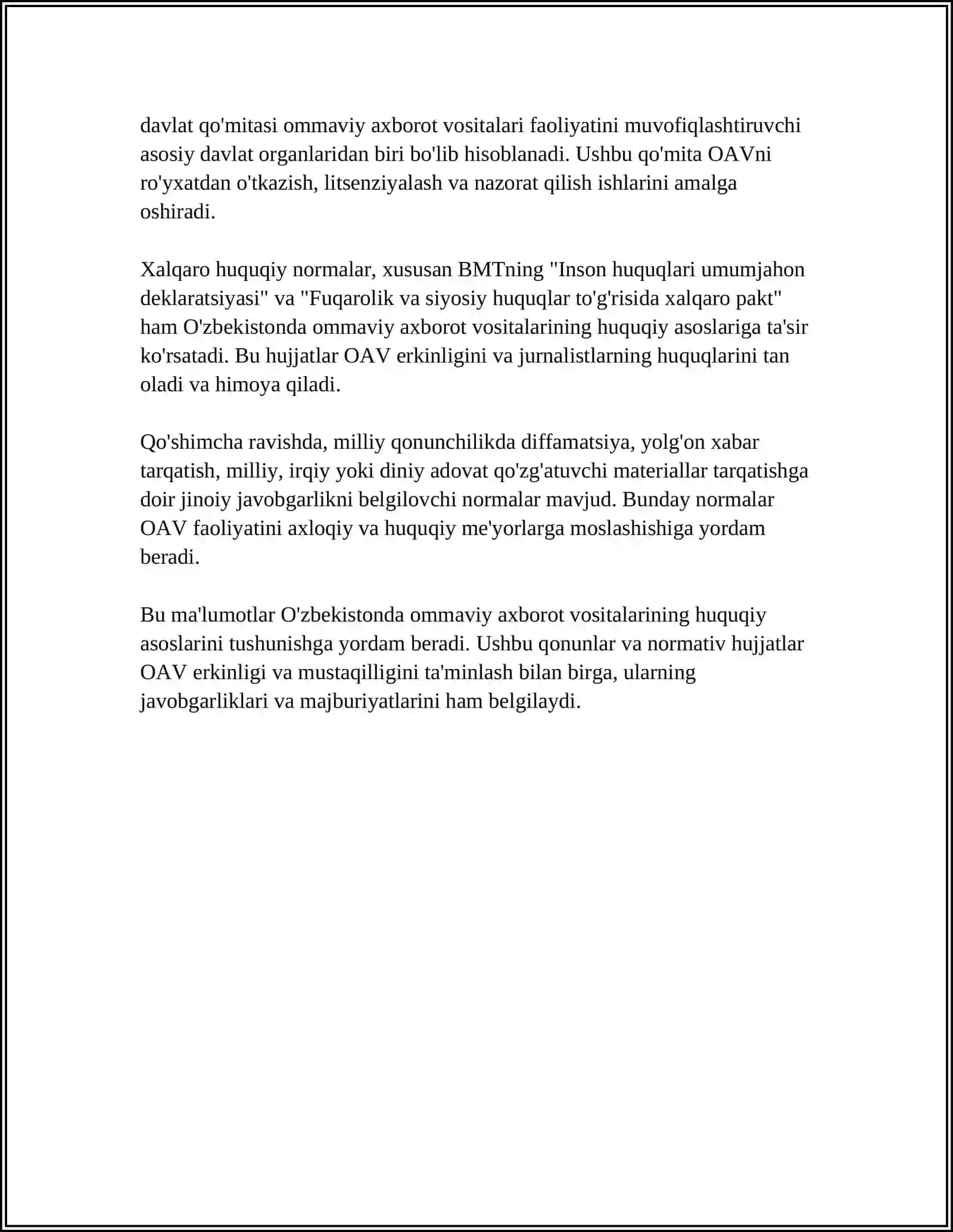 O'ZBEKISTON RESPUBLIKASIDA OMMAVIY AXBOROT VOSITALARINING FAOLIYATI 4