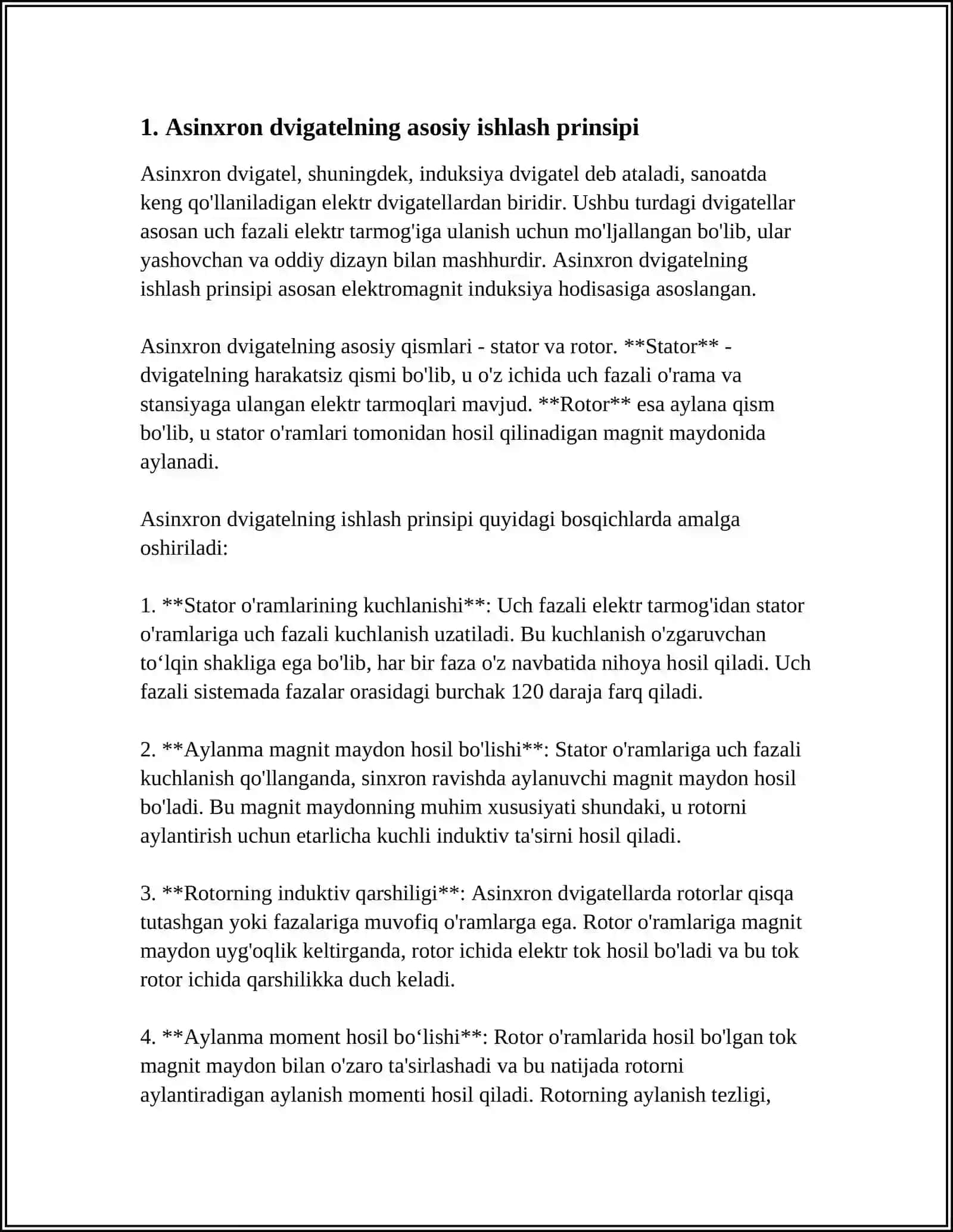 ASINXRON DVIGATEL ROTOR CHULG‘AMINING EYK VA CHASTOTASI 4