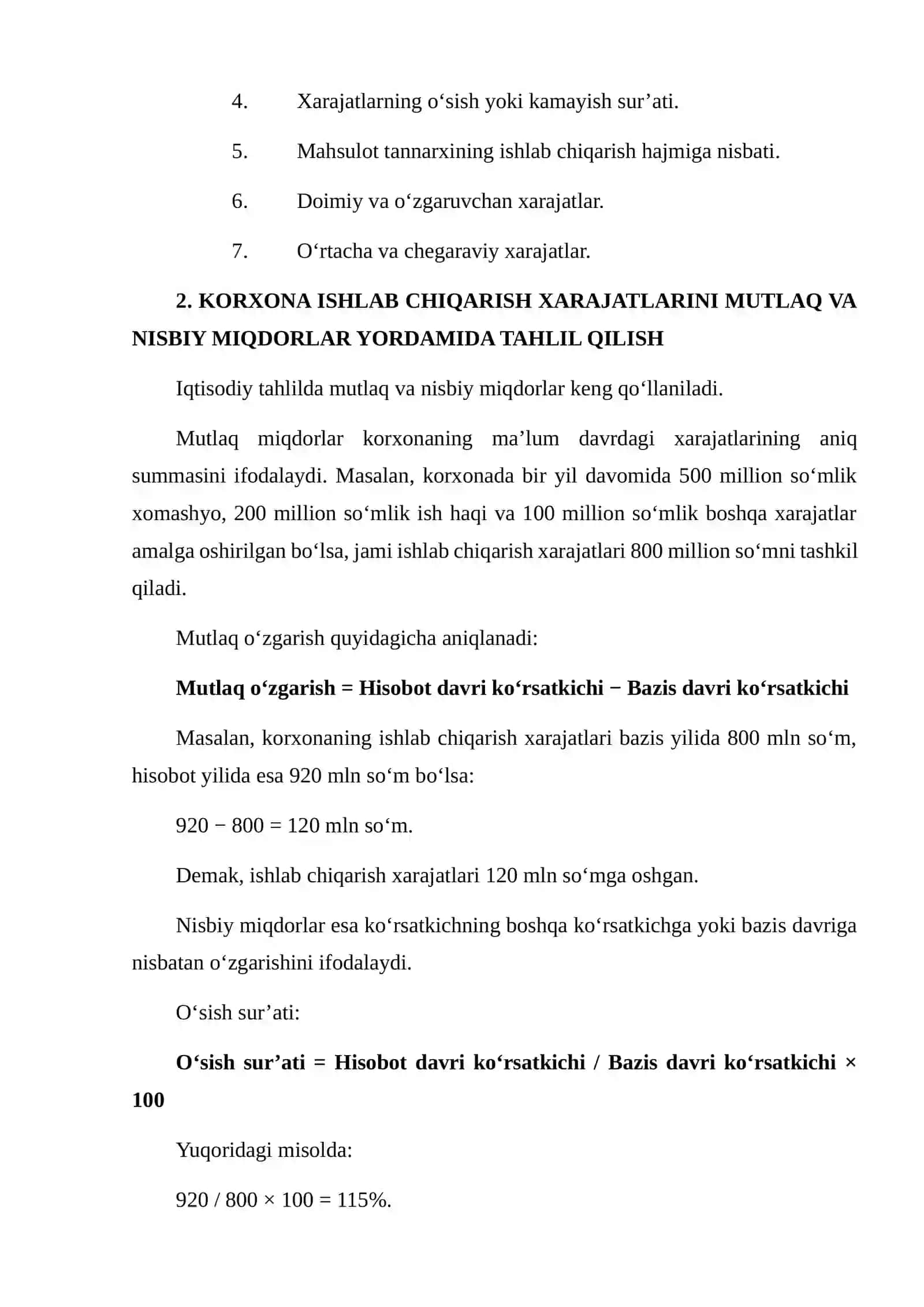 KORXONANING ISHLAB CHIQARISH XARAJATLARI VA MAHSULOT TANNARXINI MUTLAQ VA NISBIY MIQDORLAR YORDAMIDA TAHLIL QILISH 4