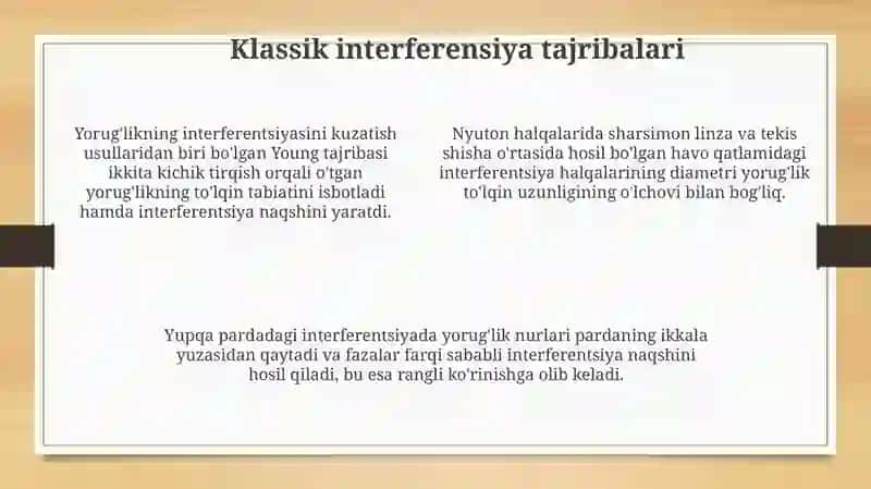 Yoruğlik interferensiyasini kuzatish usullari 4