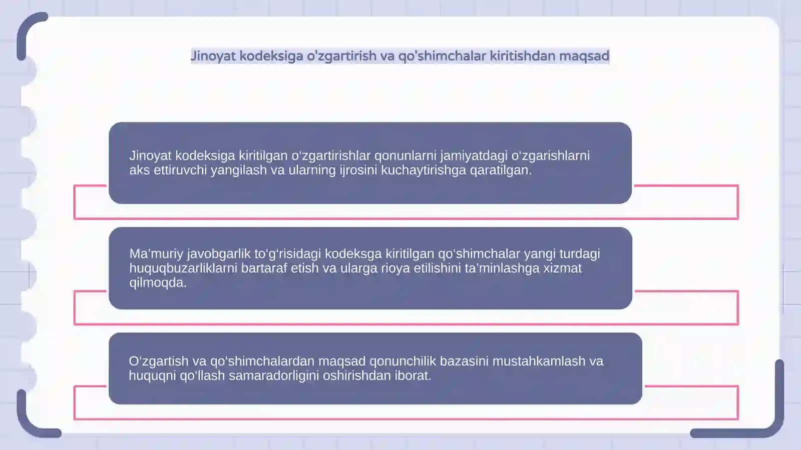 Jinoyat kodeksi va Ma’muriy javobgarlik to‘g‘risidagi kodeksga o‘zgartish va qo‘shimchalar kiritish to‘g‘risidagi qonunlarning mazmun-mohiyati. 4