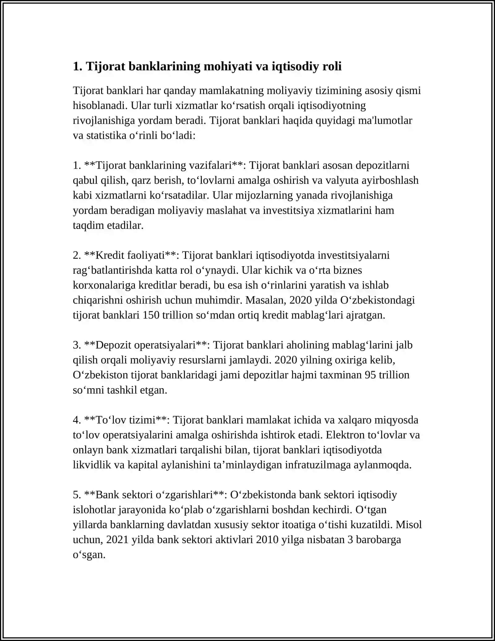 TIJORAT BANKLARINING MOHIYATI.FUNKSIYALARI VA TURLARI 4