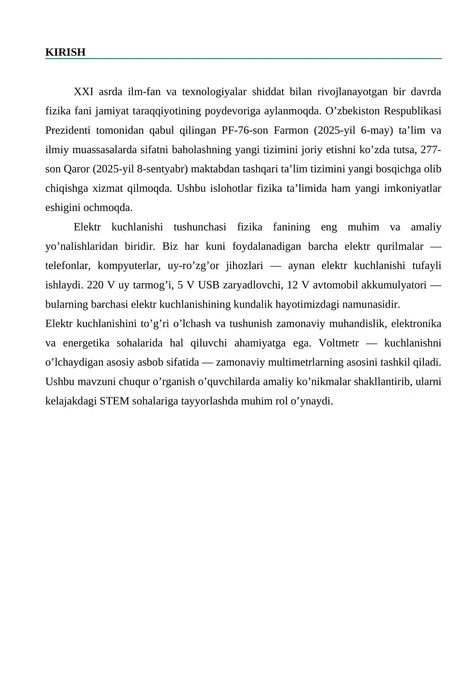 «Elektr kuchlanishi va uni o’lchash» MIKRODARS ISHI 4