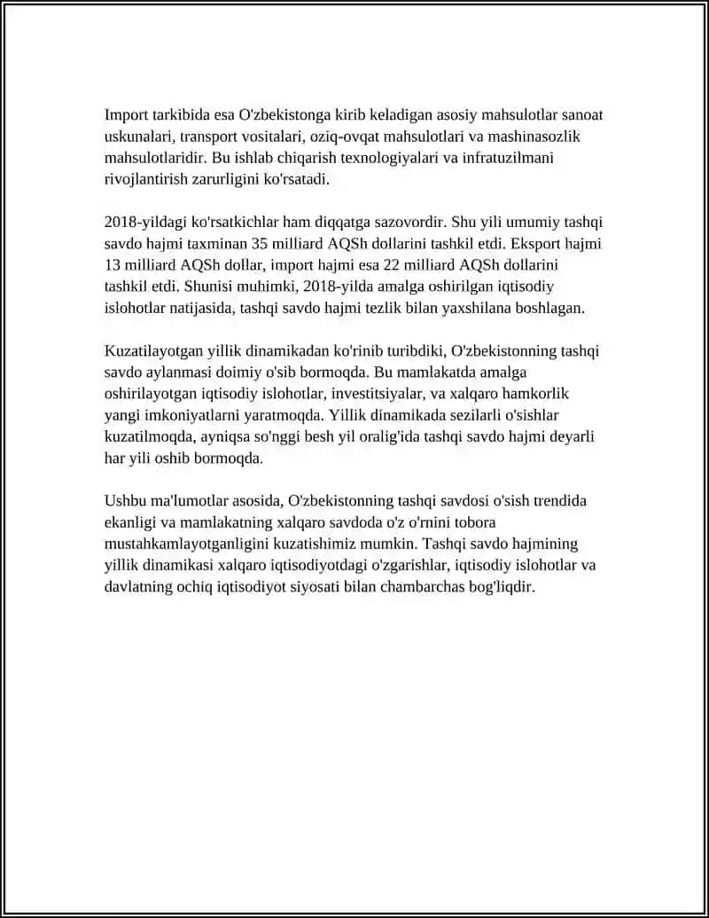O‘ZBEKISTON RESPUBLIKASINING TASHQI SAVDO DINAMIKASI VA TARKIBI REFERAT 4