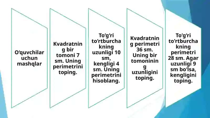 Kvadrat va to‘g‘ri to‘rtburchakning perimetri topish masalalari yechish 4