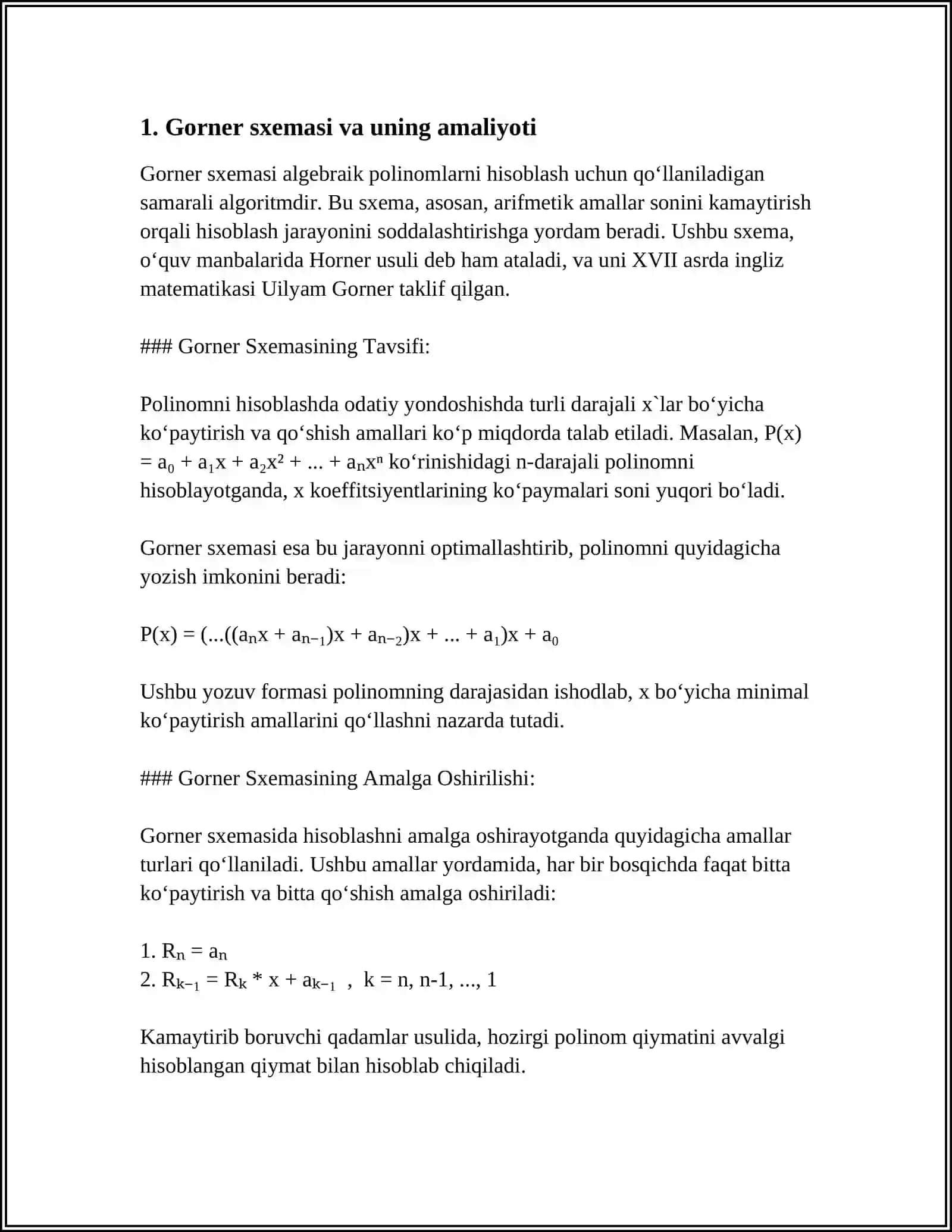 GORNER SXEMASI. BEZU TEOREMASI. ALGEBRANING ASOSIY TEOREMASI 4