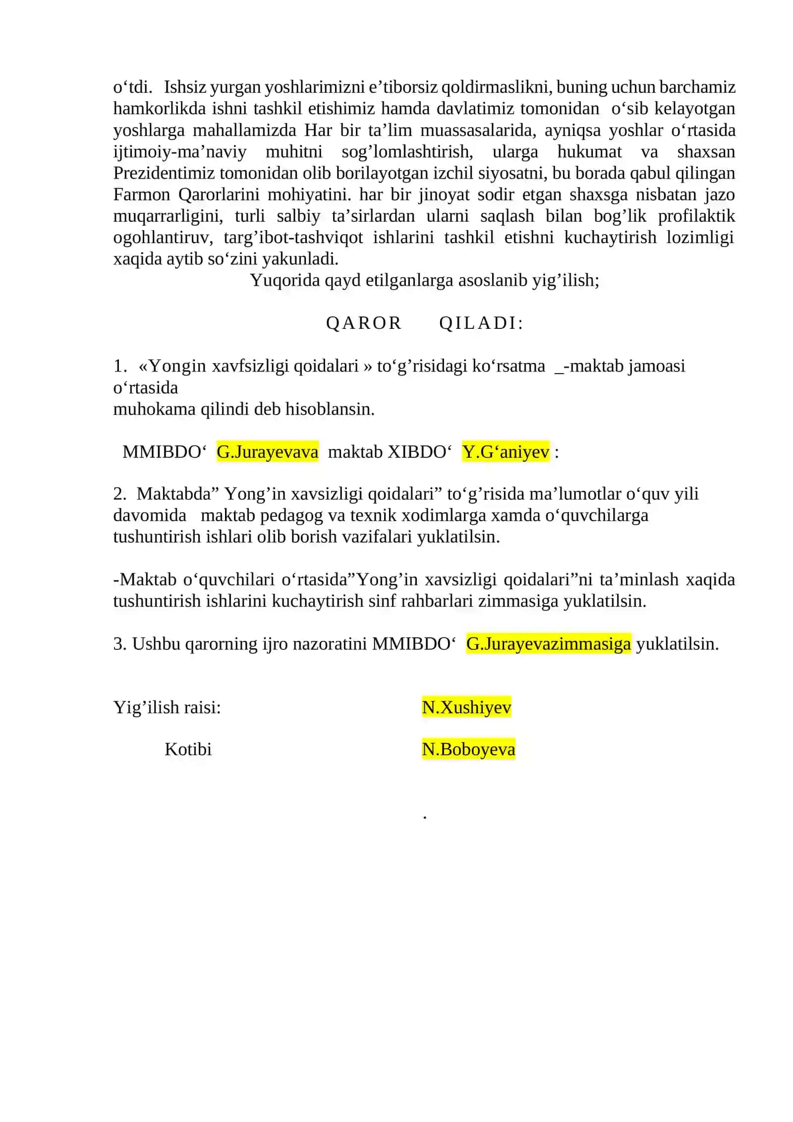 maktabda Yong’in xavfsizligi tadbirlarini o‘tkazish bo‘yicha maktabda tuzilgan  TADBIRLAR REJASI 4