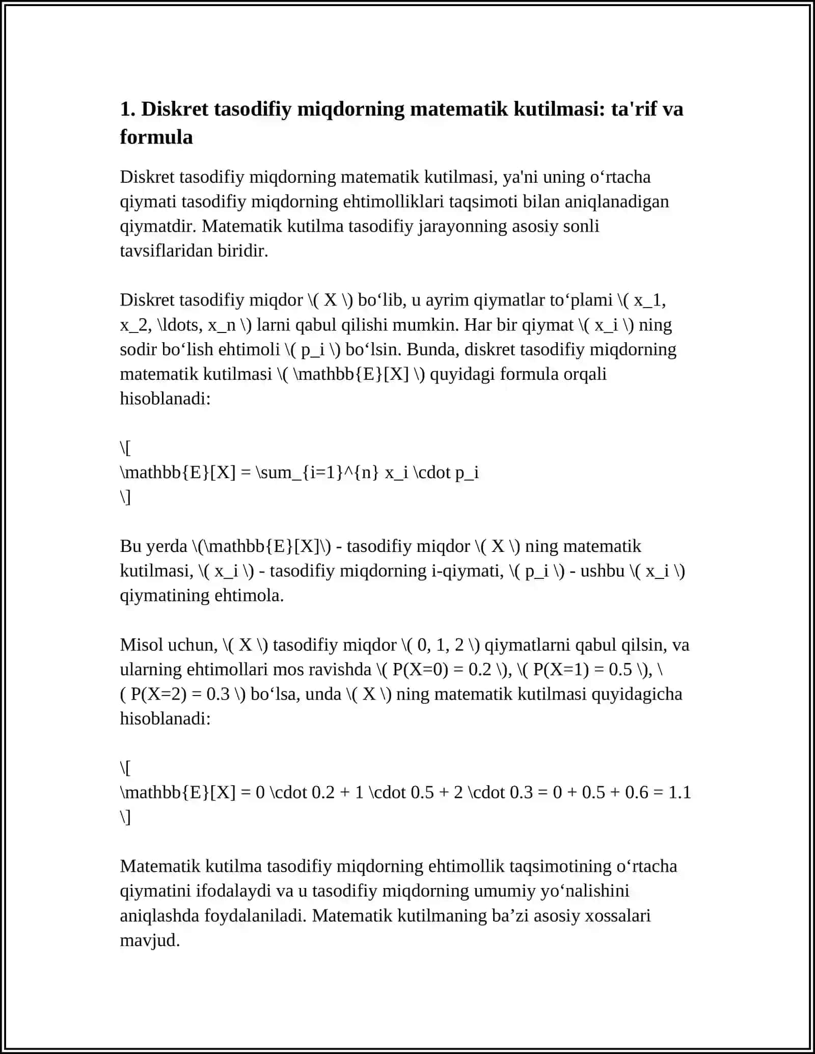 DISKRET TASODIFIY MIQDORNING MATEMATIK KUTILMASI 4