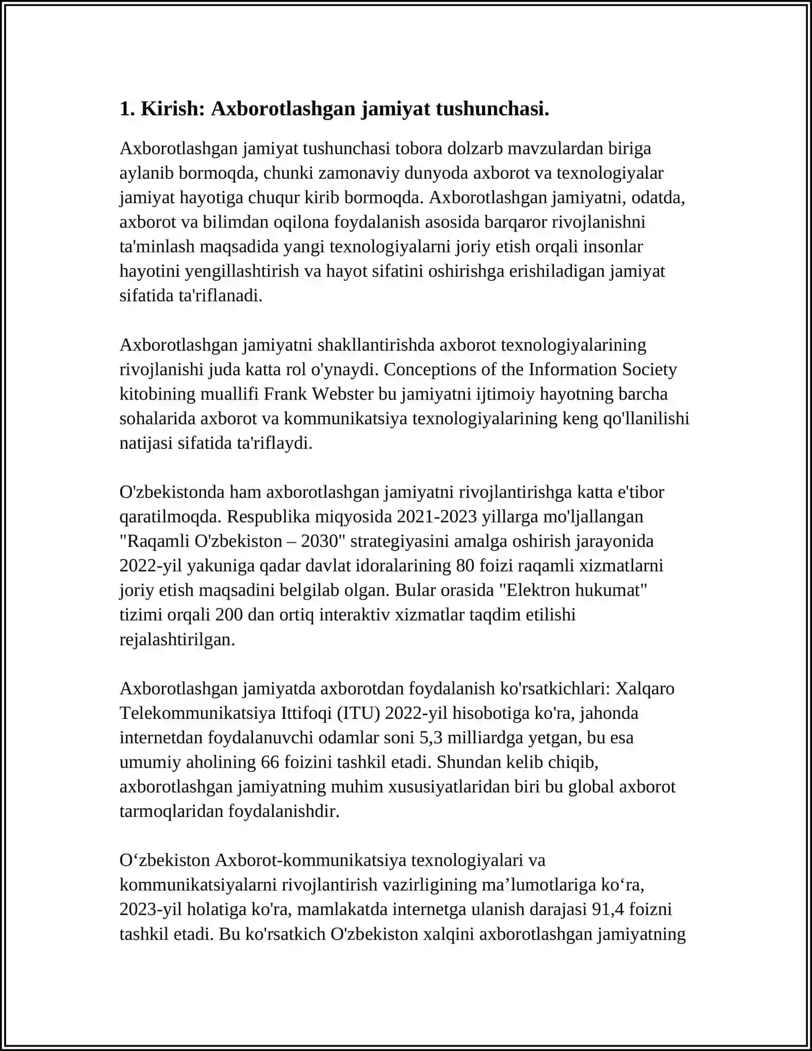 AXBOROTLASHGAN JAMIYAT VA UNING ISTIQBOLLARI MAVZUSIDA ESSE TAYYORLASH A.TOYNBI E.TOFFLER ASARLARINING QIYOSIY TAHLILI ASOSIDA 4