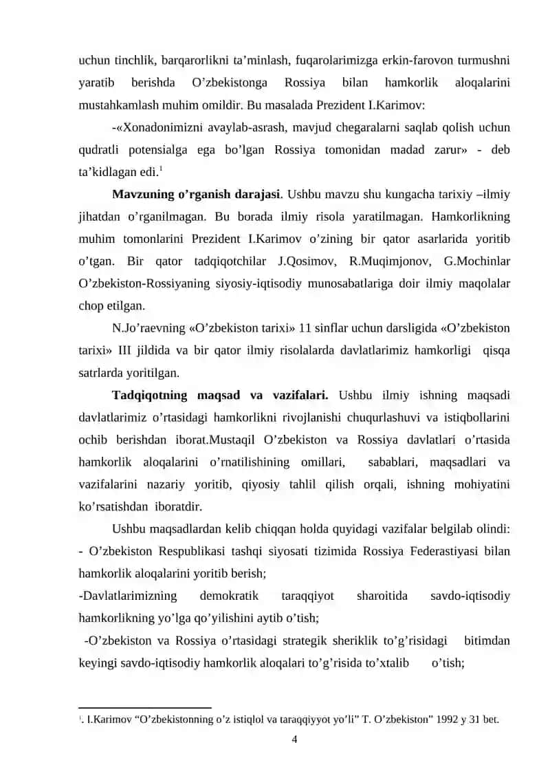O'ZBEKISTONNING RESPUBLIKASI VA ROSSIYA FEDERATSIYASI O'RTASIDA HAMKORLIK ALOQALARINING YO'LGA QO'YILISHI 4