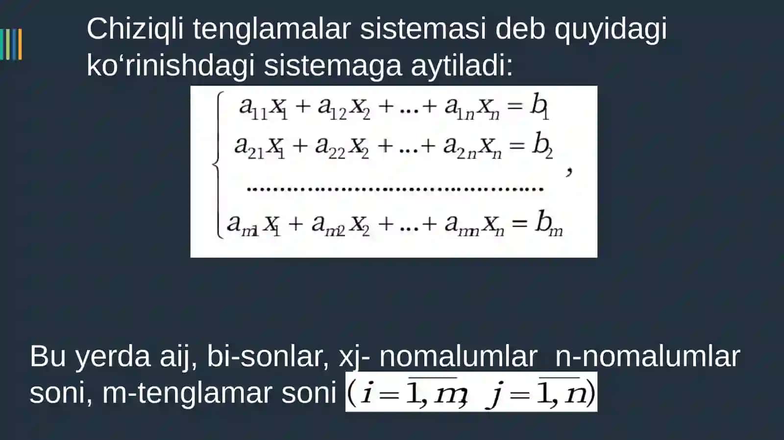 N ta chiziqli tenglamalar sistemasini yechish usullari 4