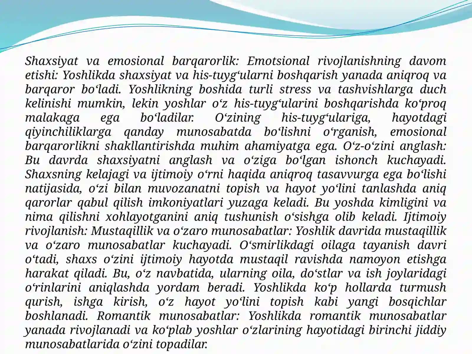 Ilk o'spirinlik va yoshlik davrida psixik rivojlanish xususiyatlari. 4