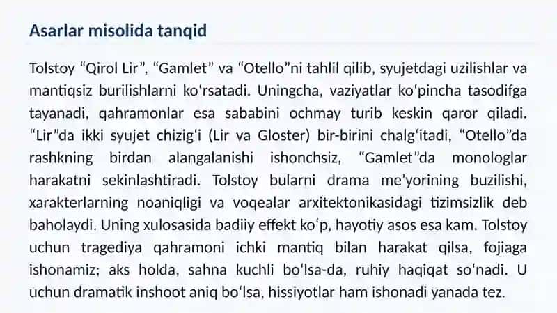 Lev Tolstoy “Shekspirvadramato‘g‘risida”maqolasiasosidaesseyozish 4