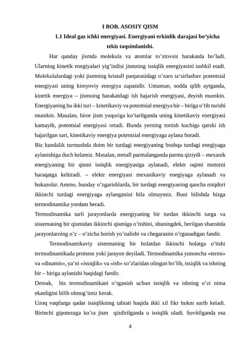 Termodinamikaning 1-qonuni kurs ishi 4