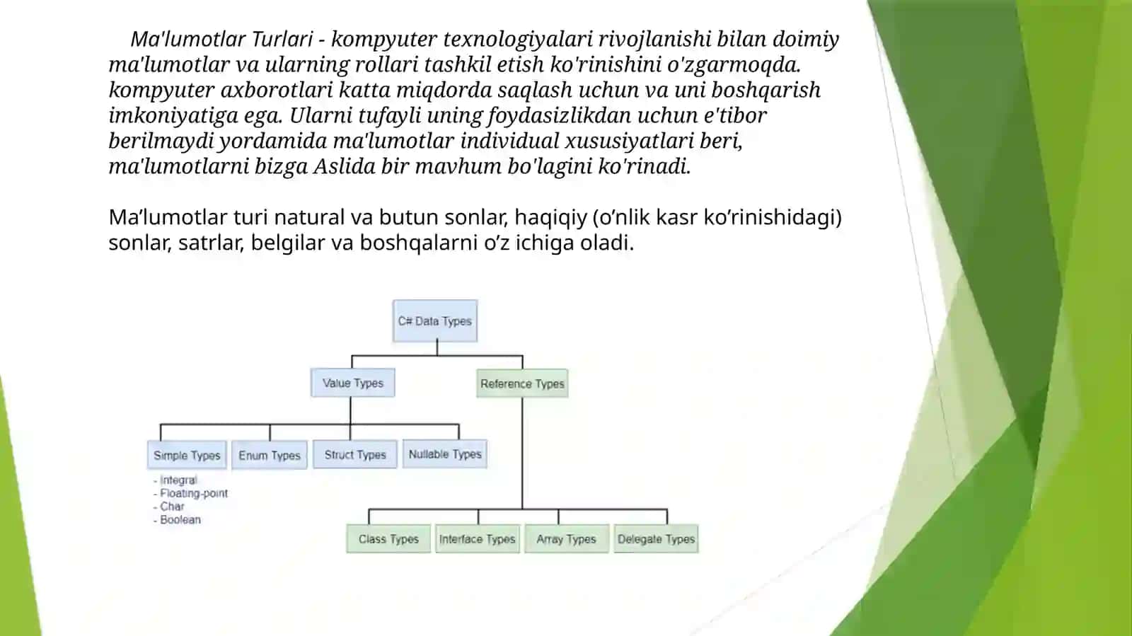 MA’LUMOTLAR VA AXBOROT.MA’LUMOT TURLARI. BOSHLANG’ICH MA’LUMOTLAR 4