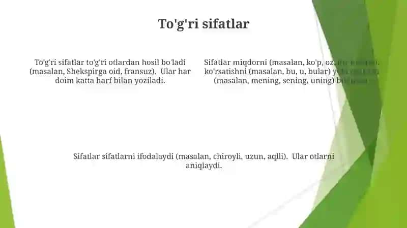 Sifat so'z turkumi. Sifatning ma'no turlari 4