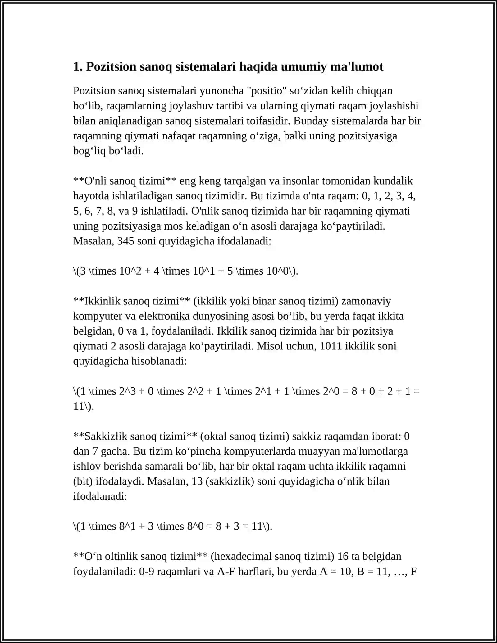 POZITSION VA NOPOZITSION SANOQ SISTEMALARI. SONLARNI BIR SANOQ SISTEMASIDAN BOSHQA SANOQ SISTEMASIGA OʻTKAZISH 4