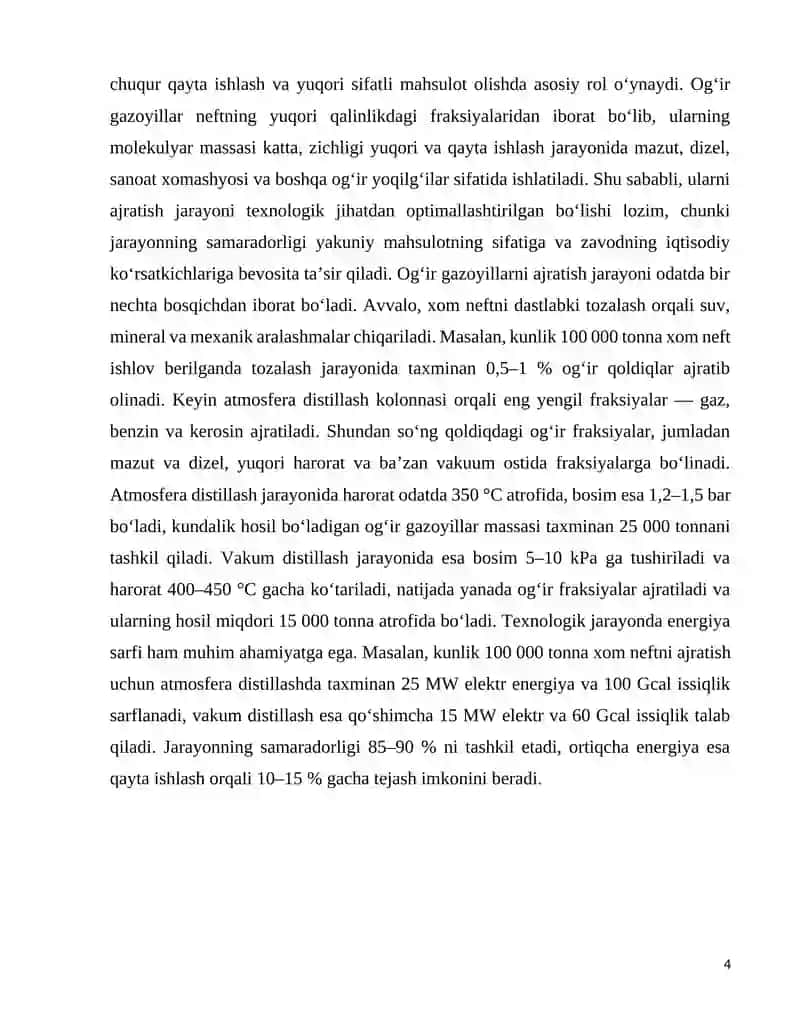 Neftdan ogir gazoyillar ajratib olish jarayoni texnalogiyasi tavsifi 4