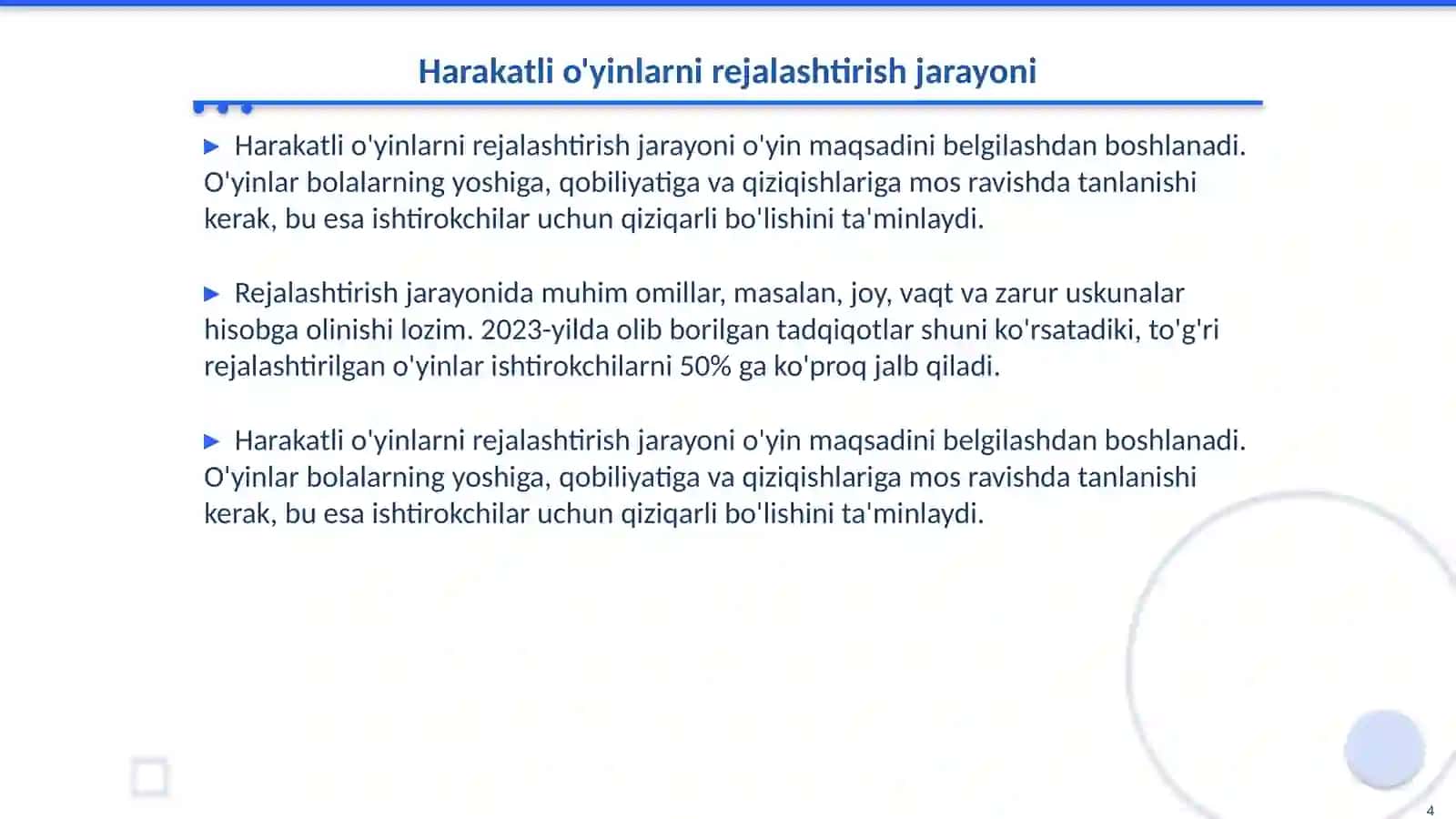 HARAKATLI O'YINLARNI REJALASHTIRISH VA NAZORAT QILISH 4