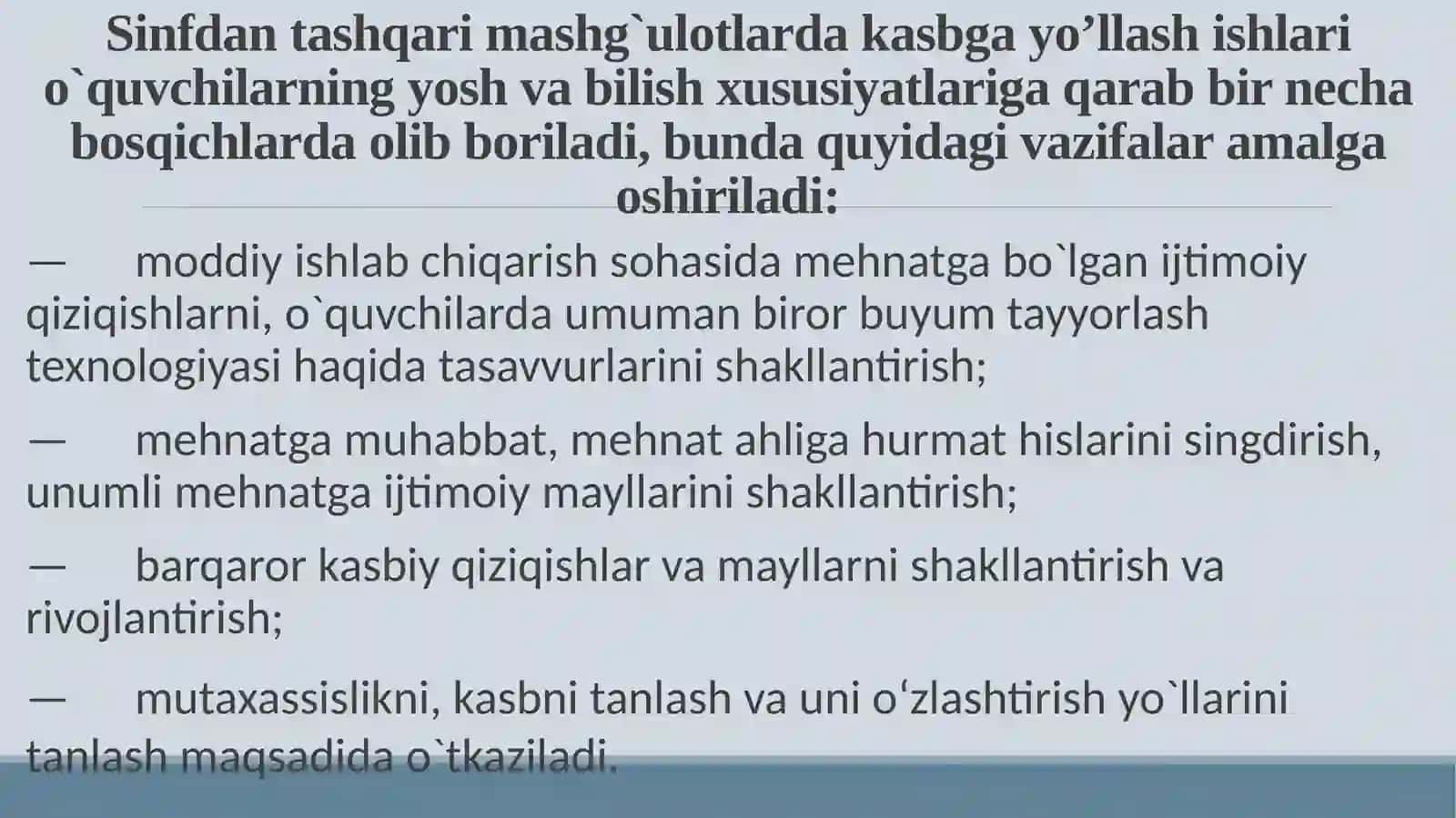Sinfdan tashqari mashg'ulotlarda o'quvchilarni kasbga yo'llash 4