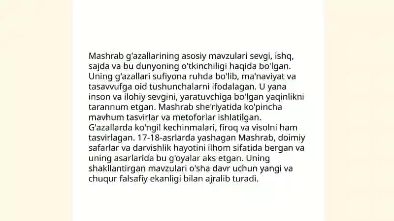 Mashrab g'azallari, matni ustida ishlash 4