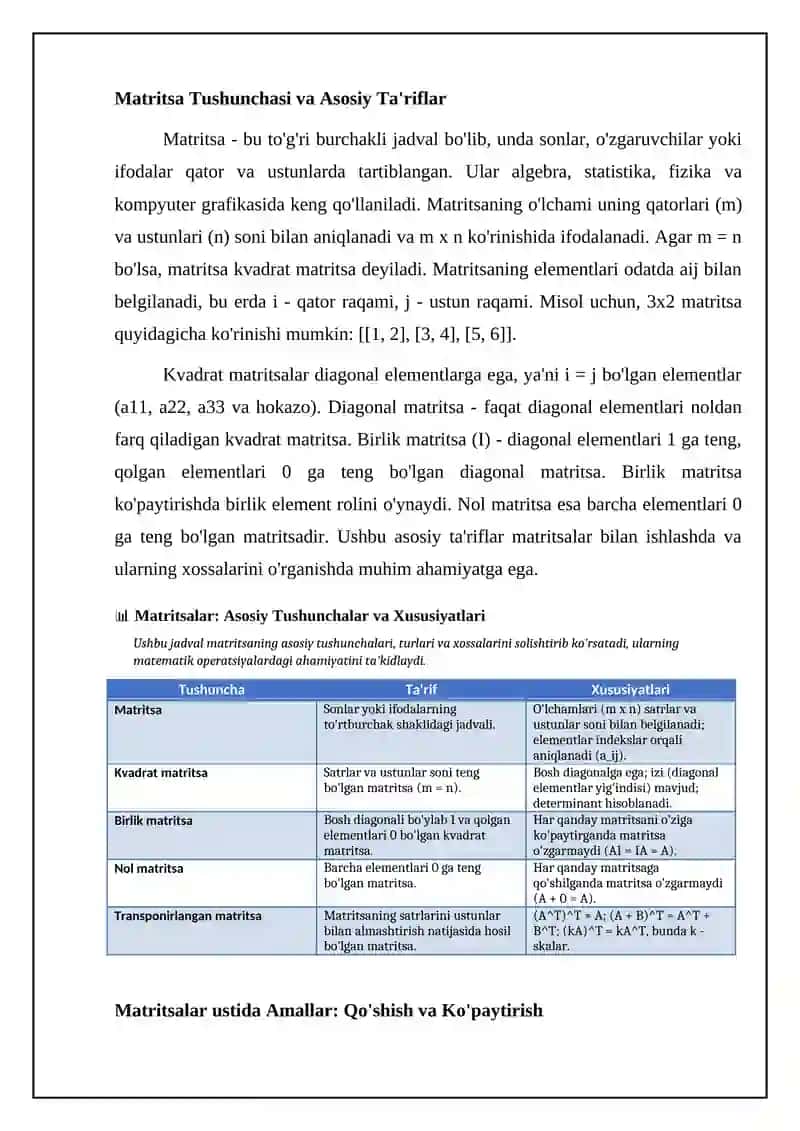 Matritsalar va Determinantlar: Asosiy Tushunchalar va Xossalari 4
