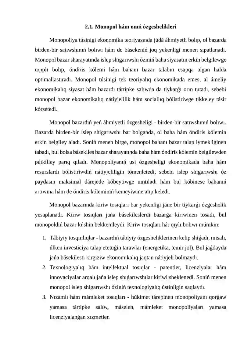 Basekilespegen bazarda monopoliyalıq bahanı hám bazar hákimiyatın anıqlaw 4
