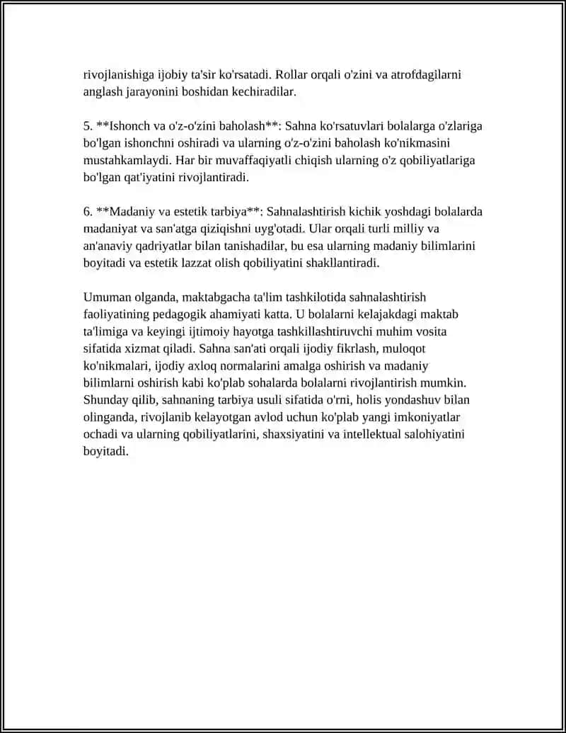MAKTABGACHA TA'LIM TASHKILOTIDA SAHNALASHTIRISH FAOLIYATIDAGI AHAMIYATI 4