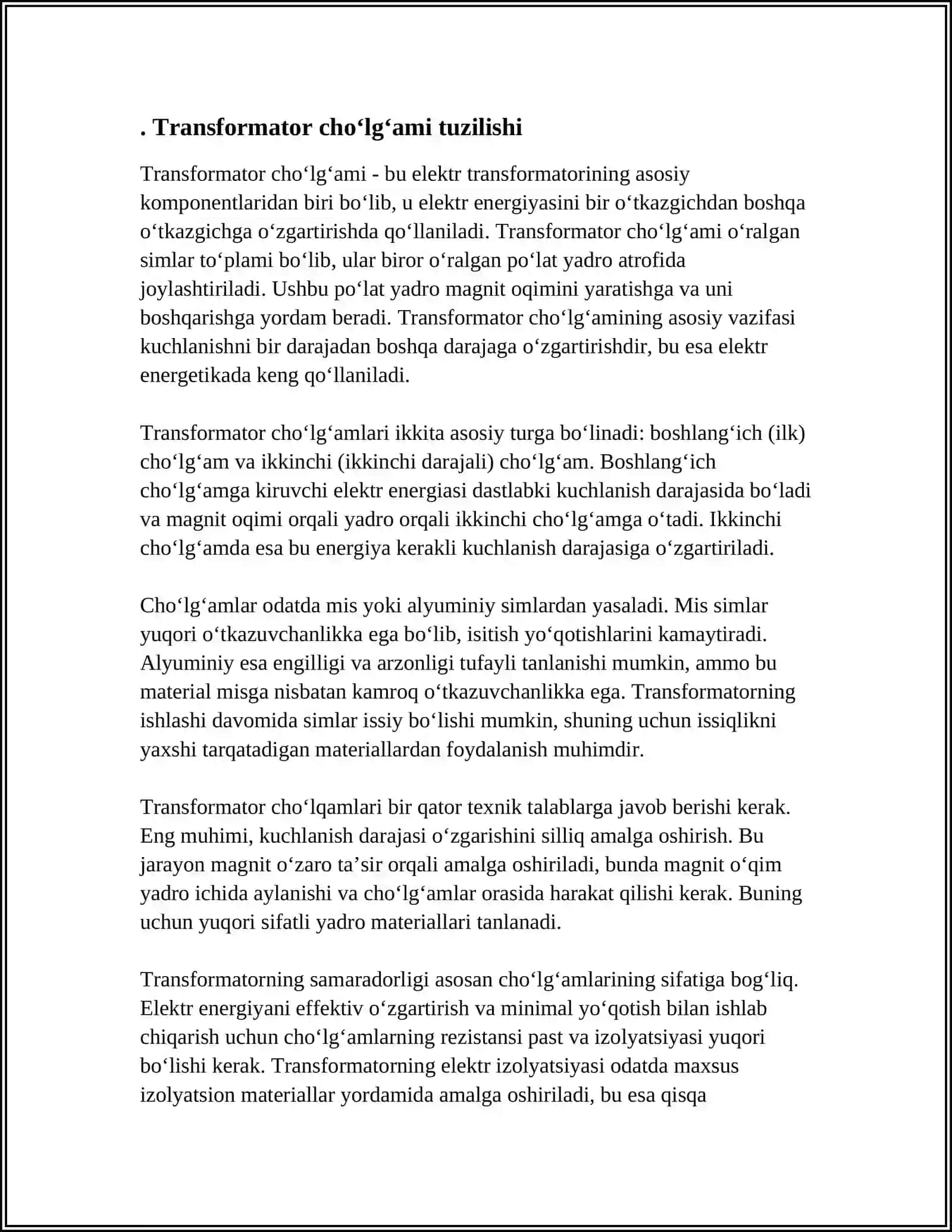 TRANSFORMATOR CHOʻLGʻAMIDAGI AKTIV QARSHILIK ISTOFI 4
