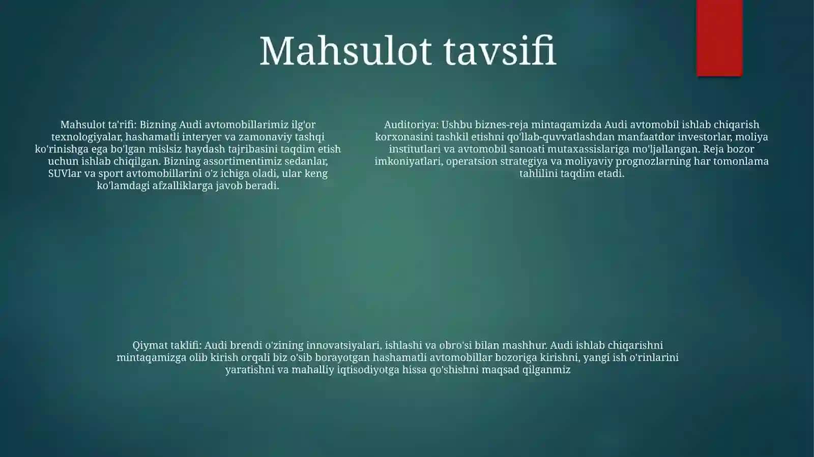 Audiy Avtomobilini Ishlab Chiqarish BoʻYichaBiznesReja 4