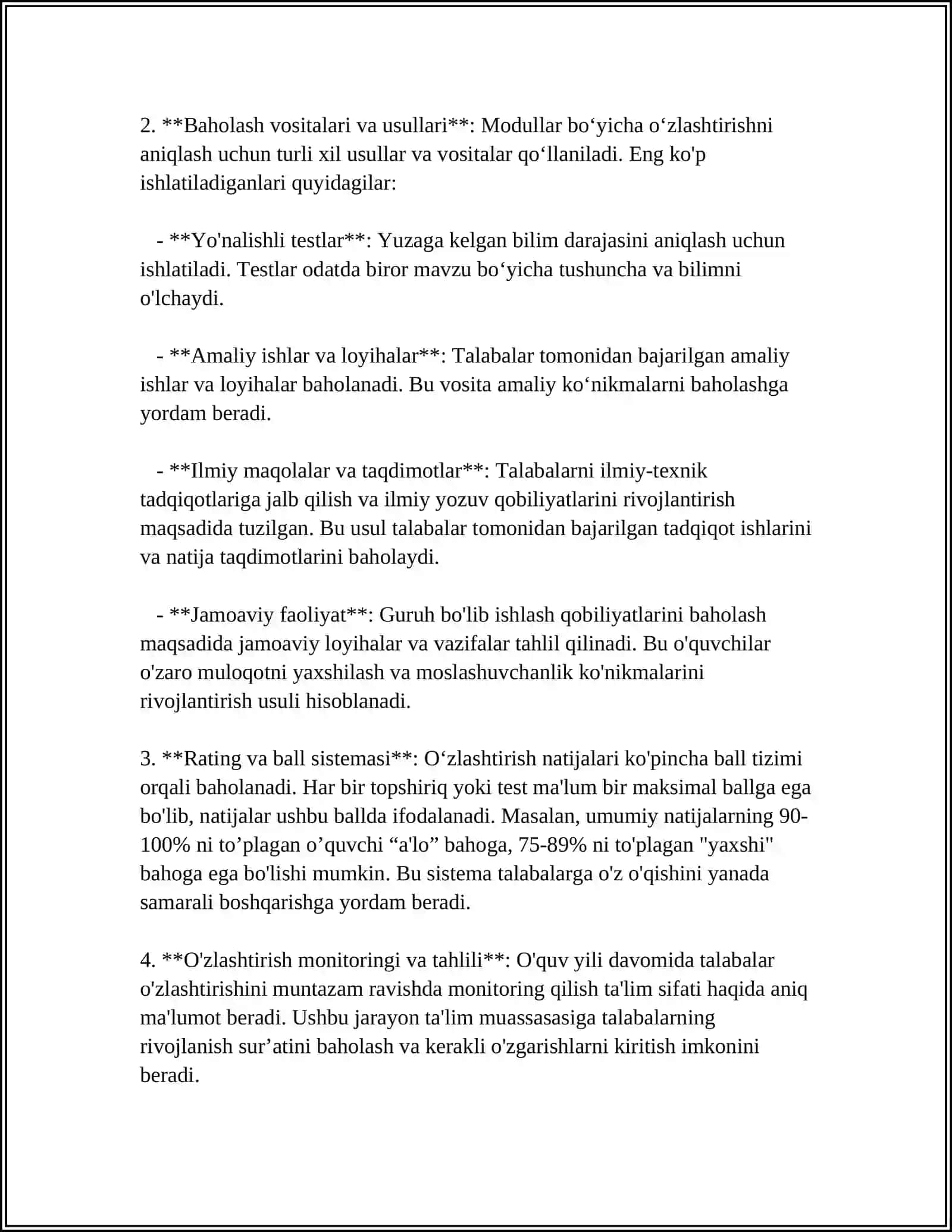 Modul boʻyicha oʻzlashtirish sifati mezonlari 4
