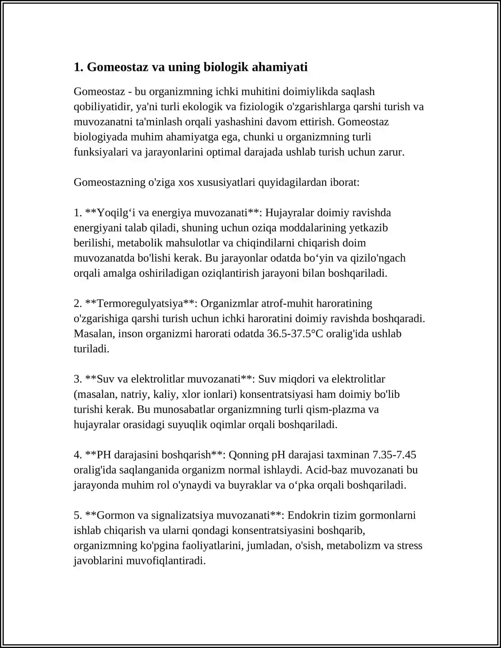 ORGANIZMNI 0'Z O'ZINI BOSHQARISHI FUNKSIONAL BOSHQARUV MEXANIZMLARI. GOMEOTAZ. ADAPTATSIYA 4