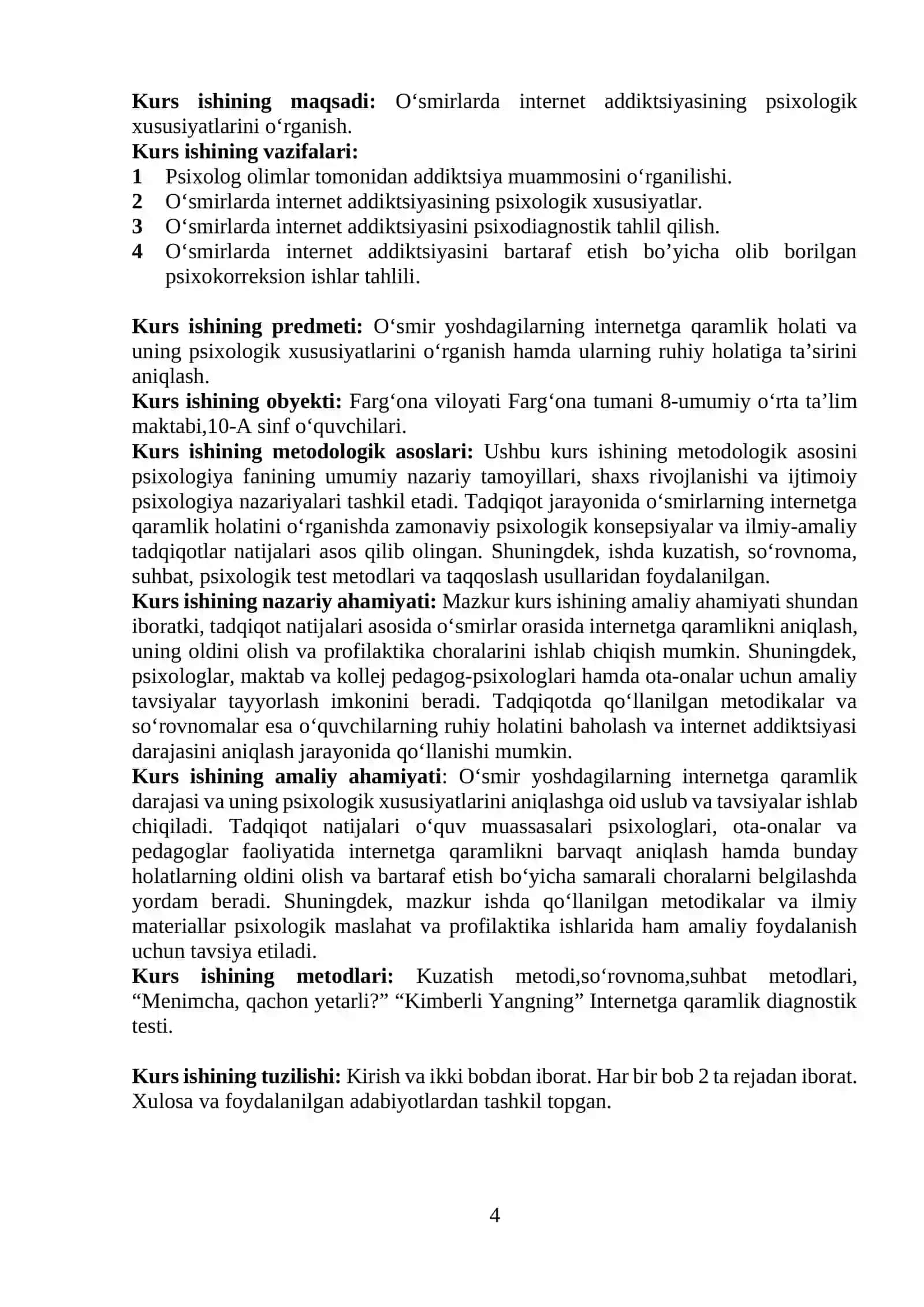 Oʻsmirlarda internet addiktsiyasining psixologik xususiyatlar kurs ishi 4