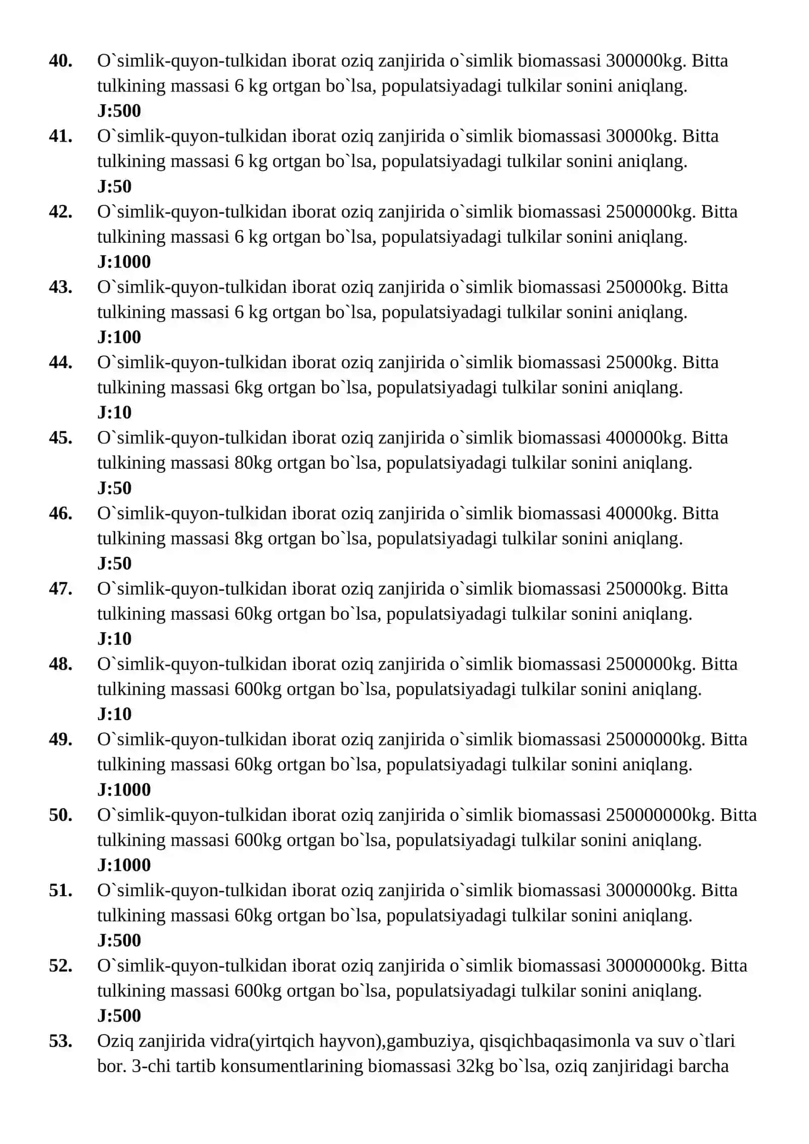 Biologiya test savollari, javoblar bilan 4
