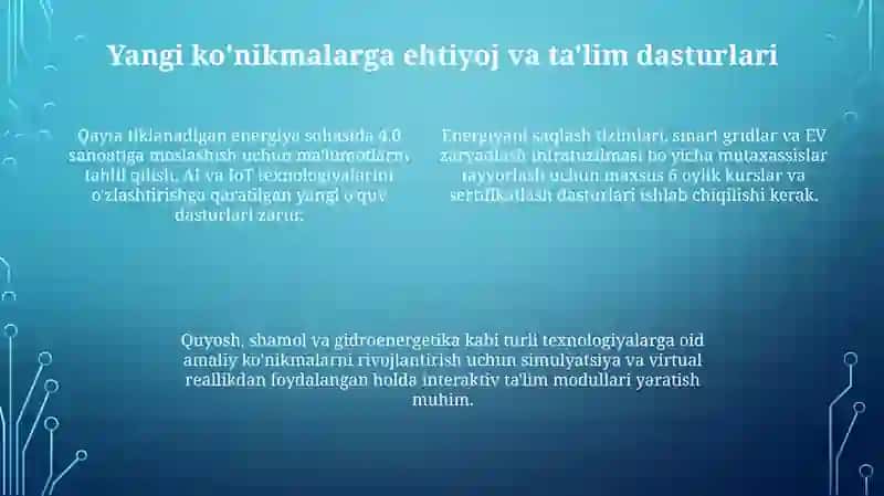 Qayta tiklanuvchi energiya manbalaridagi kasbiy o'zgarishlarning talablarini aniqlash 4