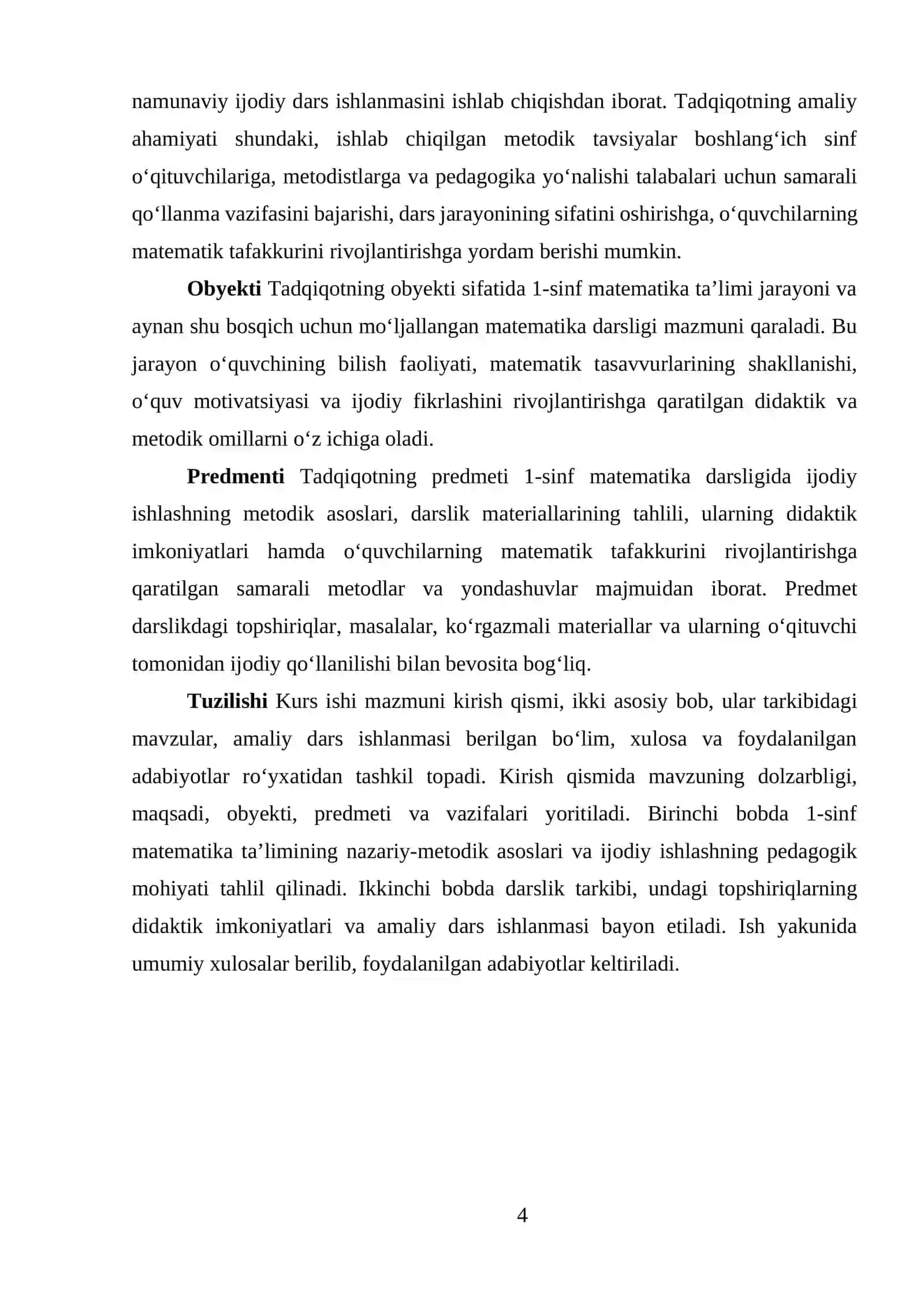 Birinchi Sinf matematika darsligida ijodiy ishlash, darslik tahlini amalga oshirish mavzusida tayyor kurs ishi 4