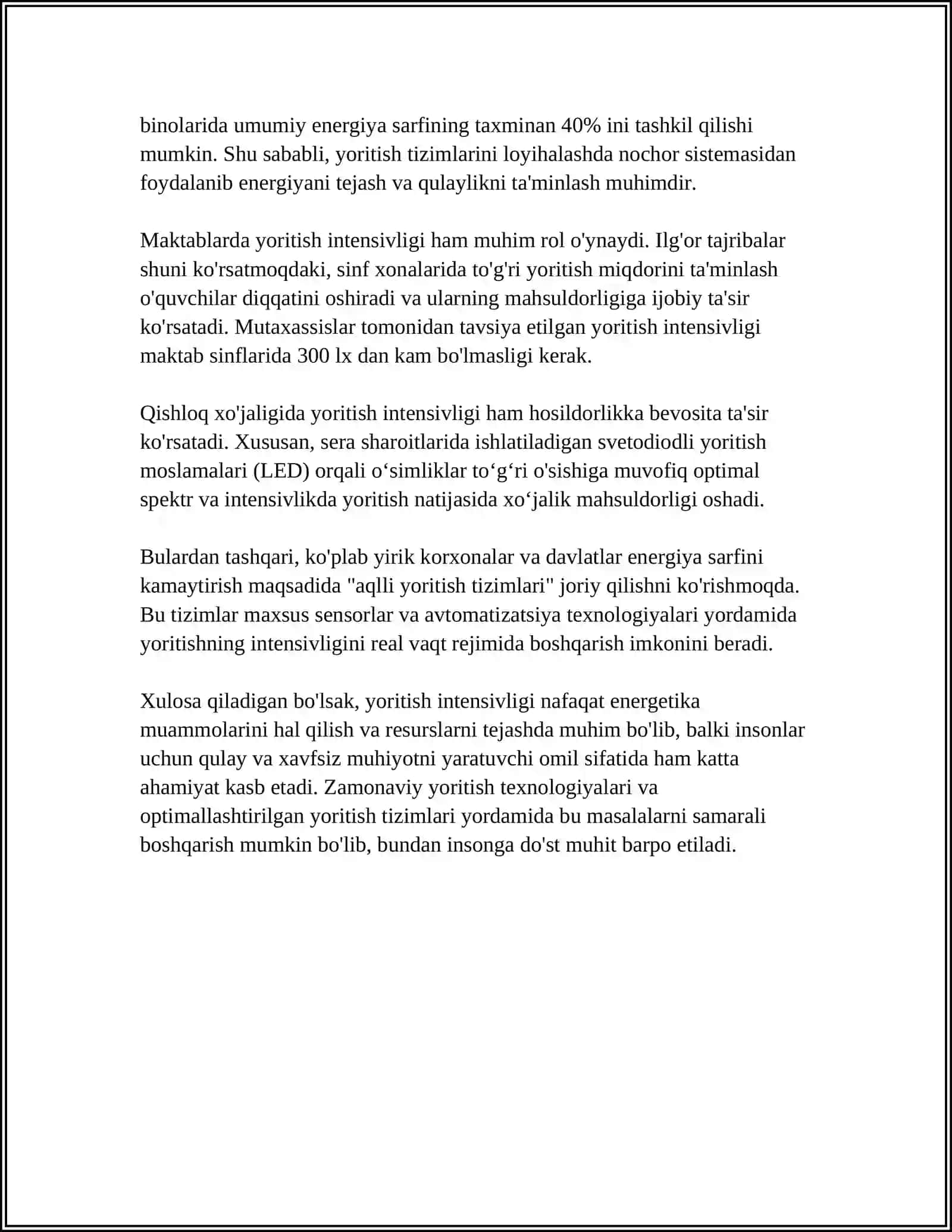 YORUGʻLIKGA QO'YILADIGAN TALABLAR 4