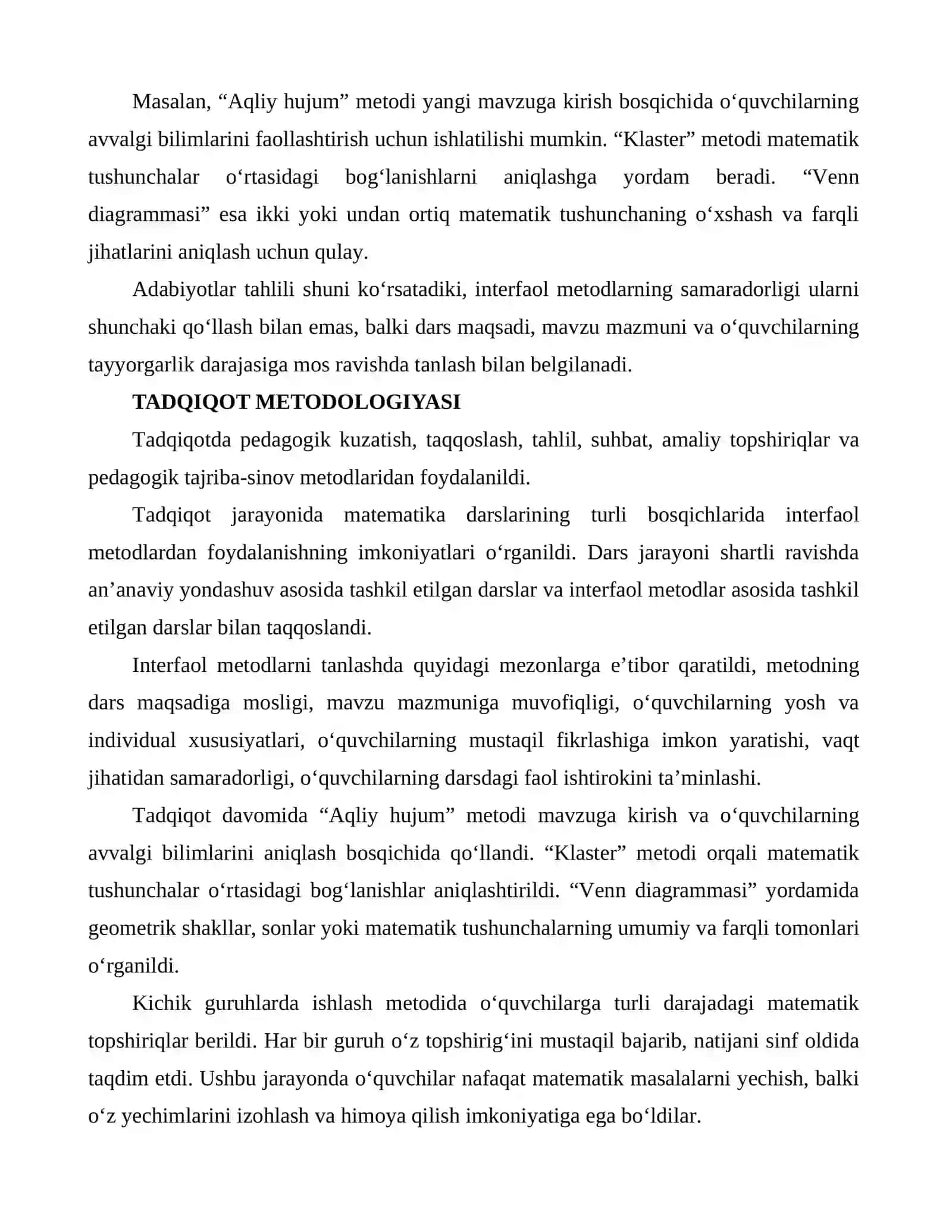 MATEMATIKA DARSLARIDA INTERFAOL METODLARDAN FOYDALANISH SAMARADORLIGI 4
