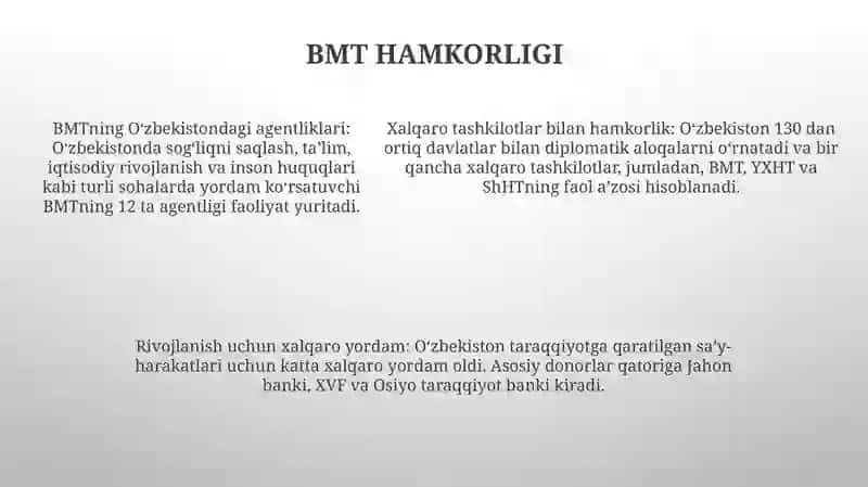O‘Zbekistonning Xalqaro Tashkilotlar Bilan Hamkorlik Aloqalari 4