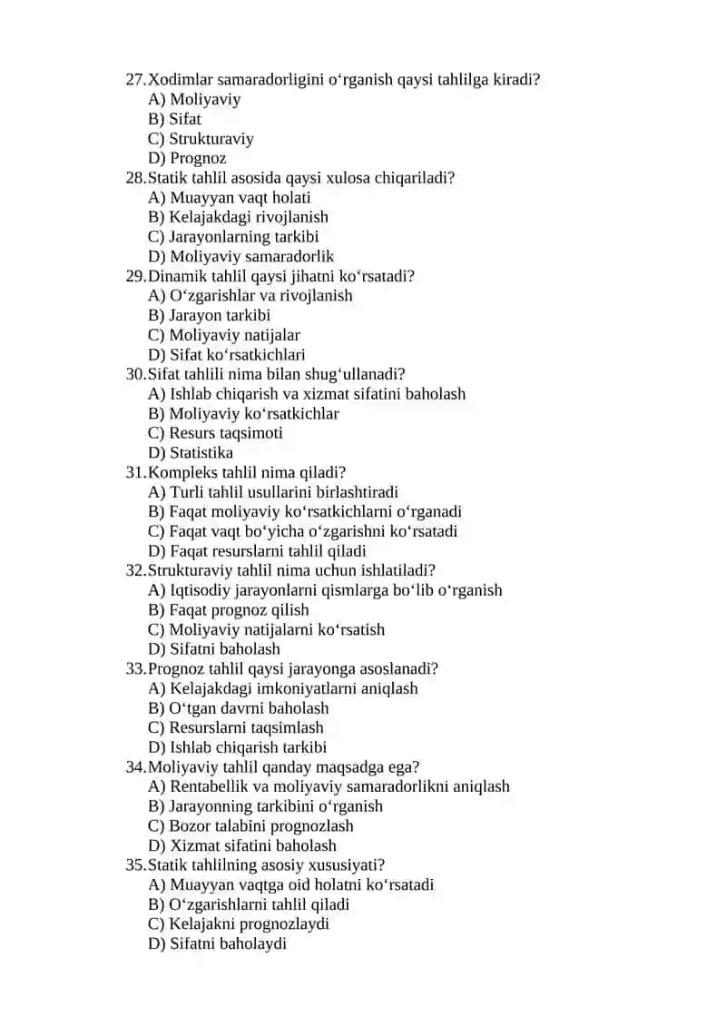 Iqtisodiy jarayonlarning tahlil turlari – 50 ta test savol 4